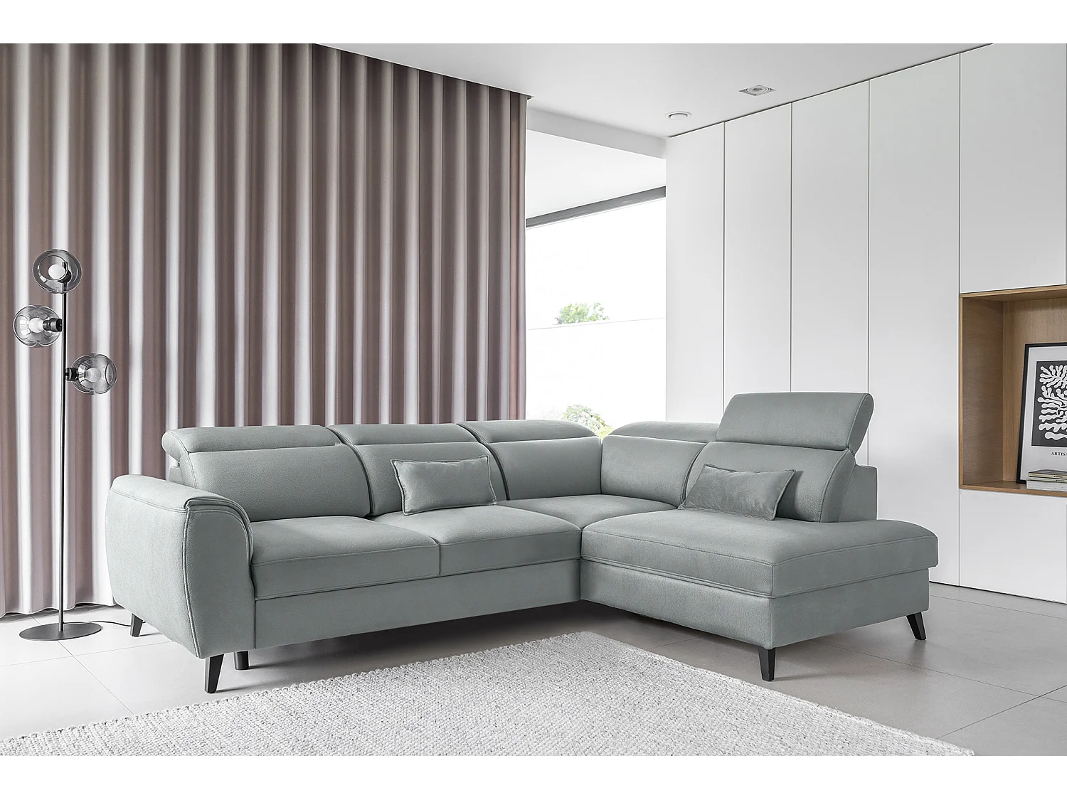 Canapé d'angle droit convertible tissu gris bleuté Noblesse 255cm