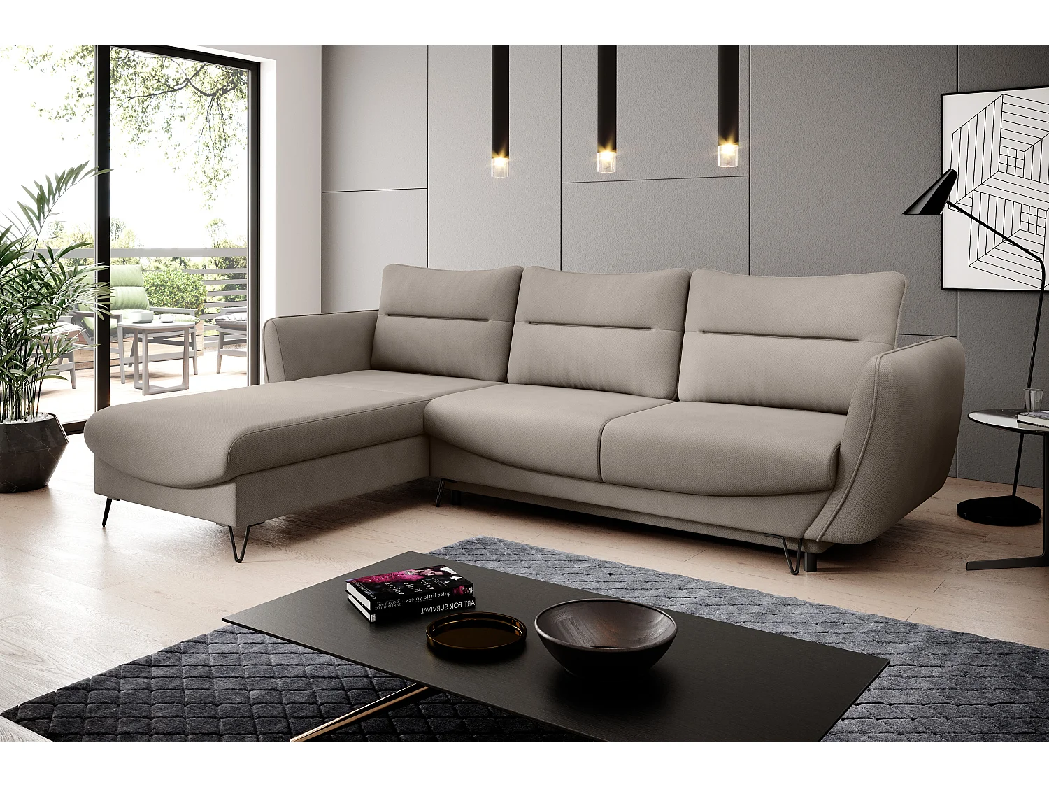 Canapé d'angle gauche convertible tissu beige clair Zurik 276cm