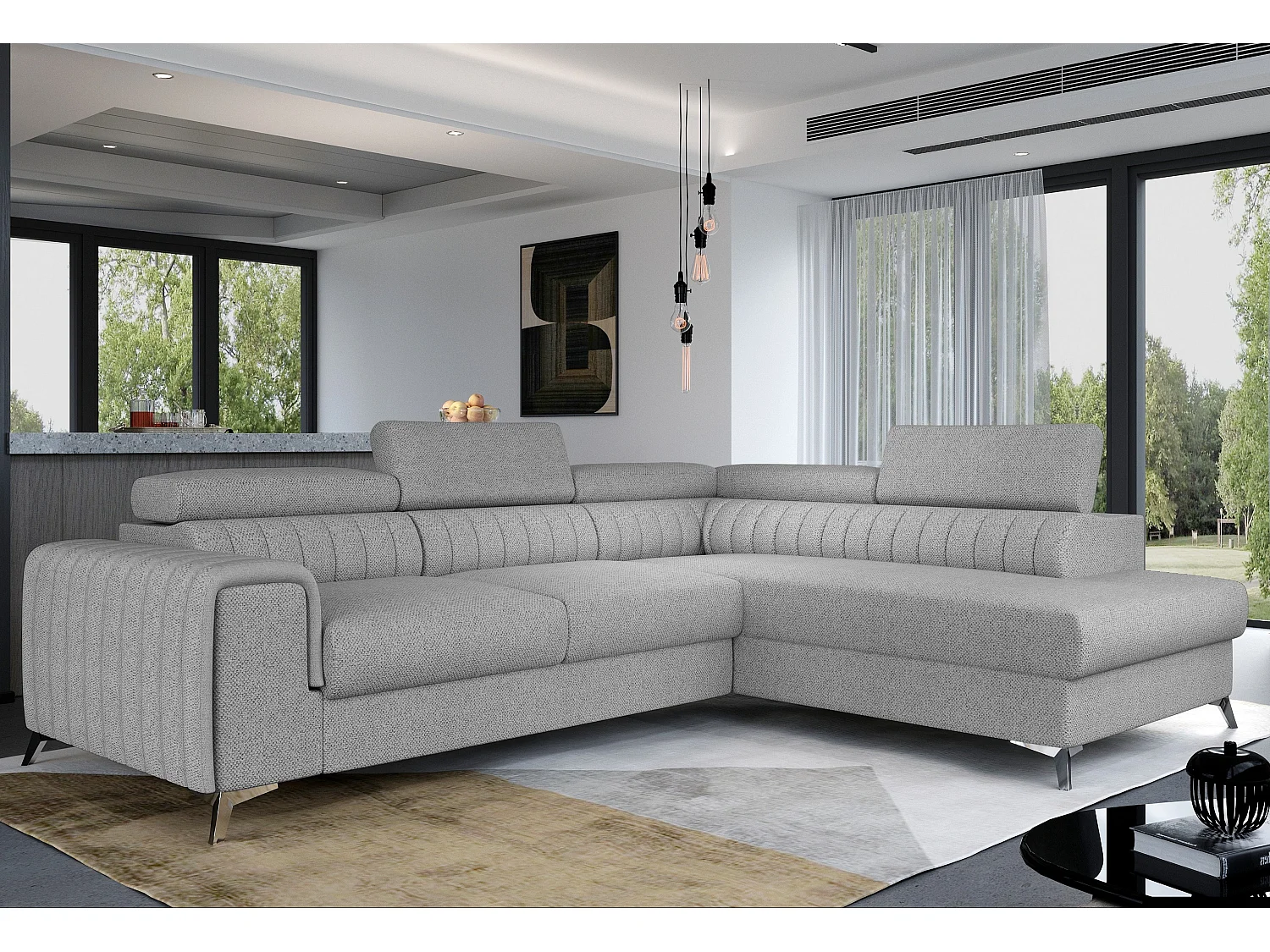 Canapé angle droit convertible avec appuis-tête réglables tissu gris clair chiné Lozan 275cm