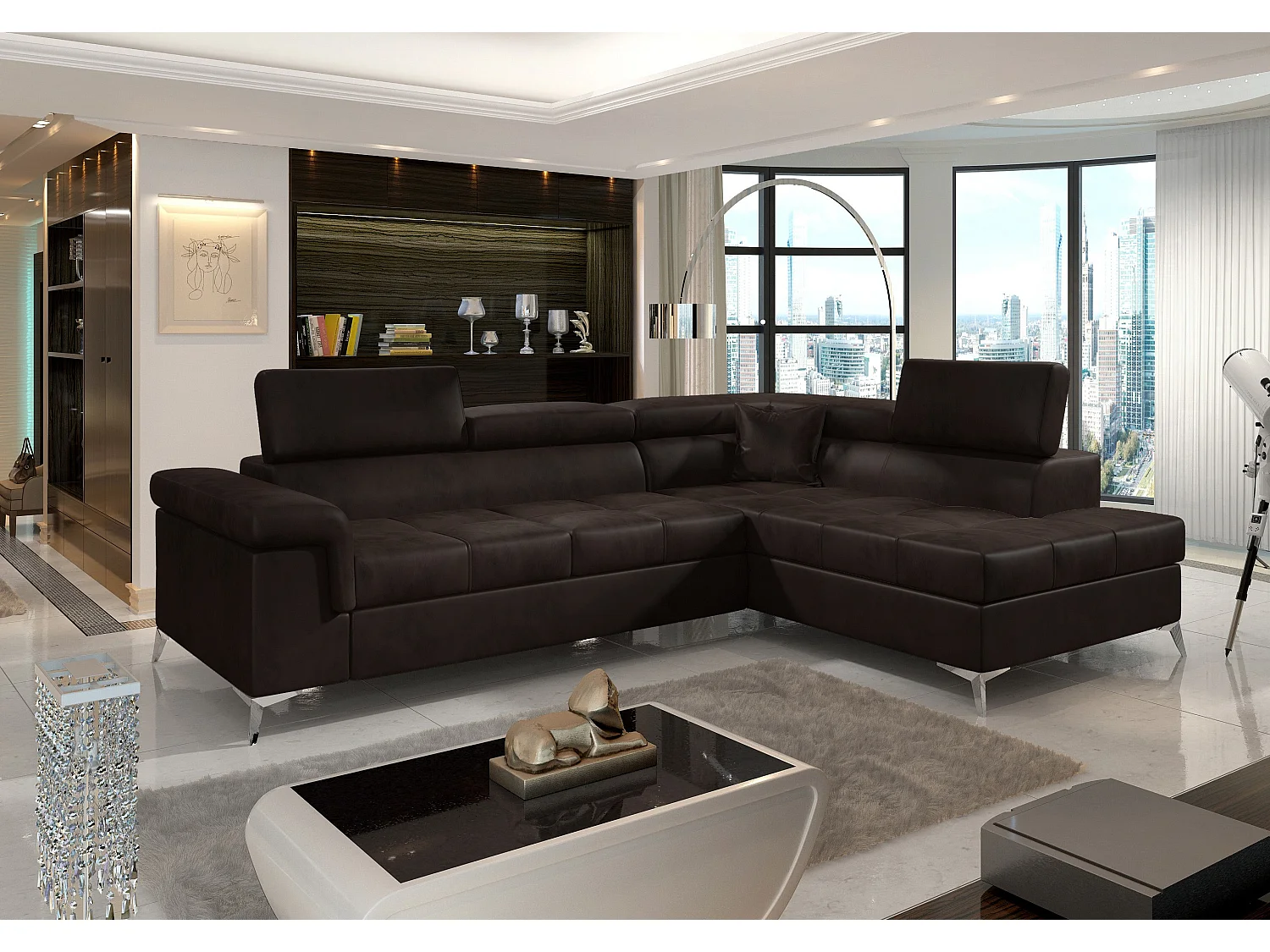 Canapé d'angle droit convertible velours marron foncé Marido 275cm