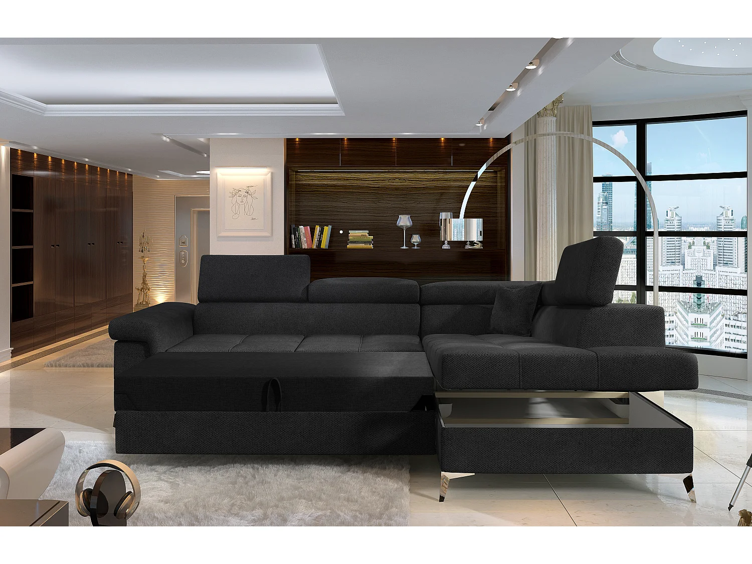 Canapé d'angle droit convertible velours marron foncé Marido 275cm