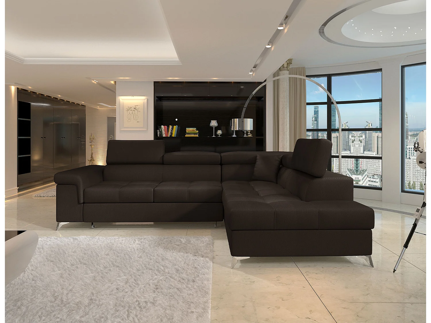 Sofá esquinero convertible de terciopelo MARIDO - Almacenamiento y reposacabezas ajustables-Marrón oscuro-Ángulos rectos