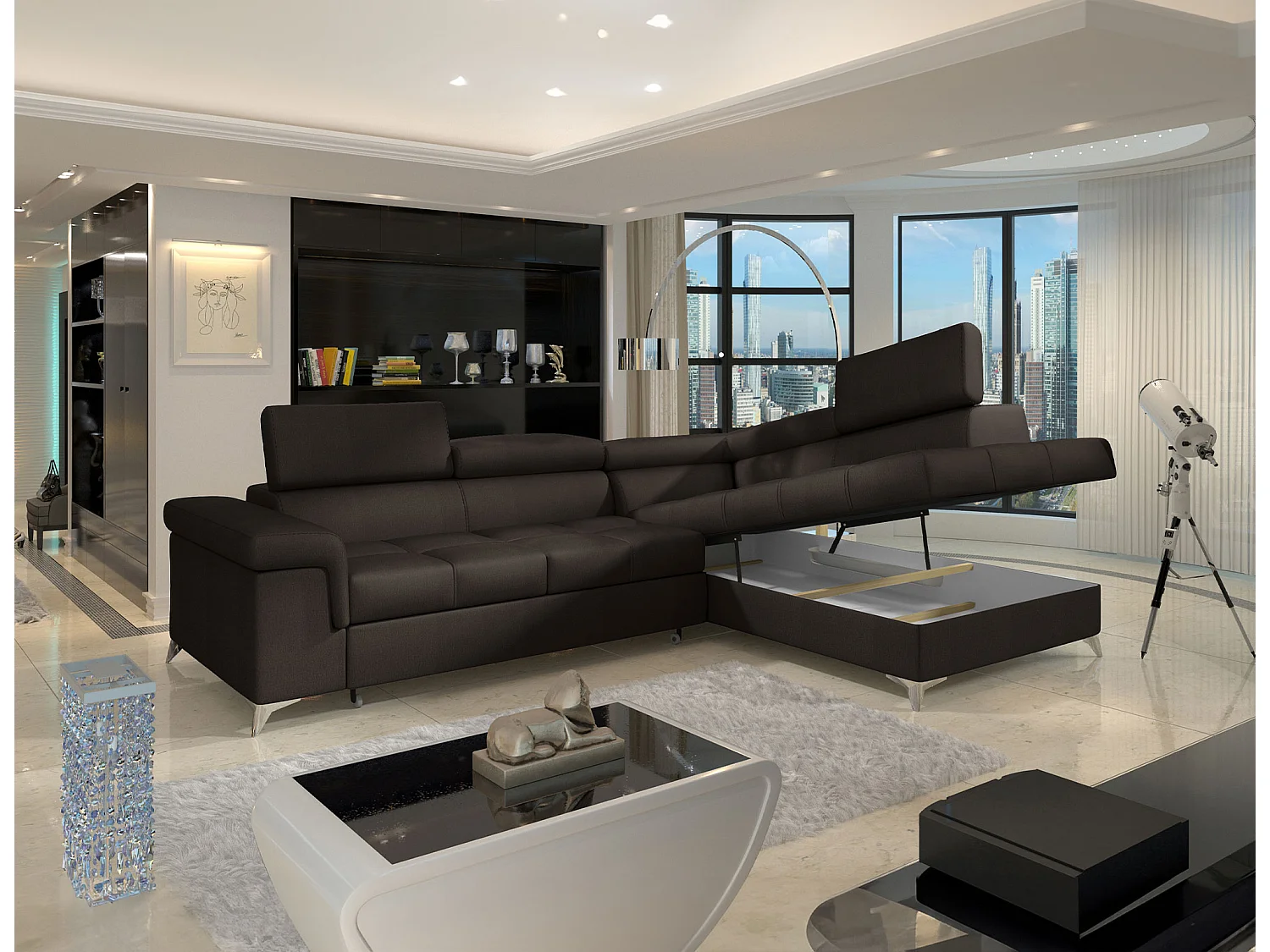 Sofá esquinero convertible de terciopelo MARIDO - Almacenamiento y reposacabezas ajustables-Marrón oscuro-Ángulos rectos