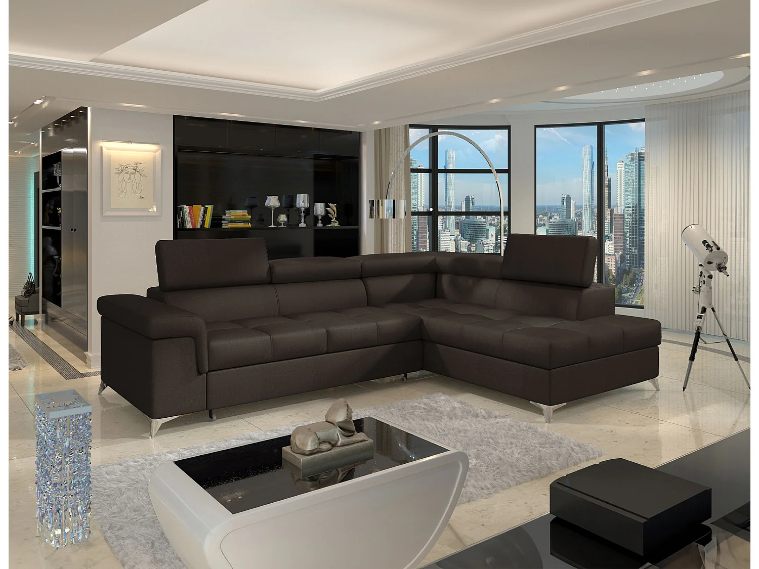 Sofá esquinero convertible de terciopelo MARIDO - Almacenamiento y reposacabezas ajustables-Marrón oscuro-Ángulos rectos