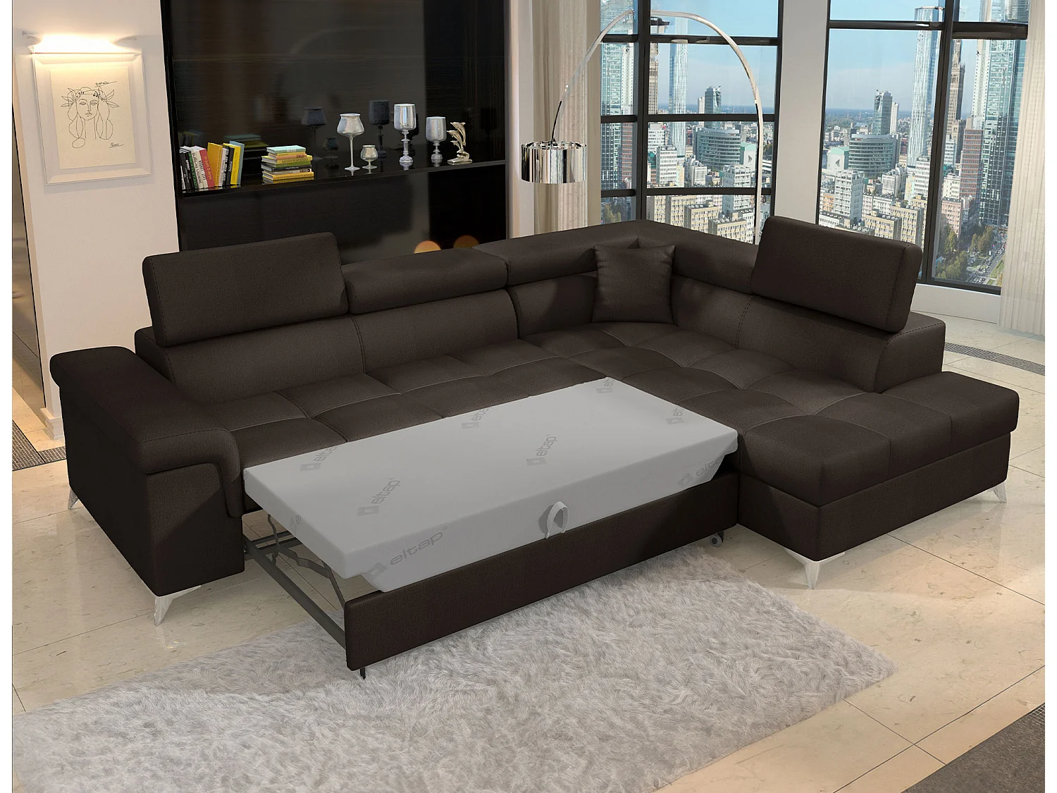 Sofá esquinero convertible de terciopelo MARIDO - Almacenamiento y reposacabezas ajustables-Marrón oscuro-Ángulos rectos