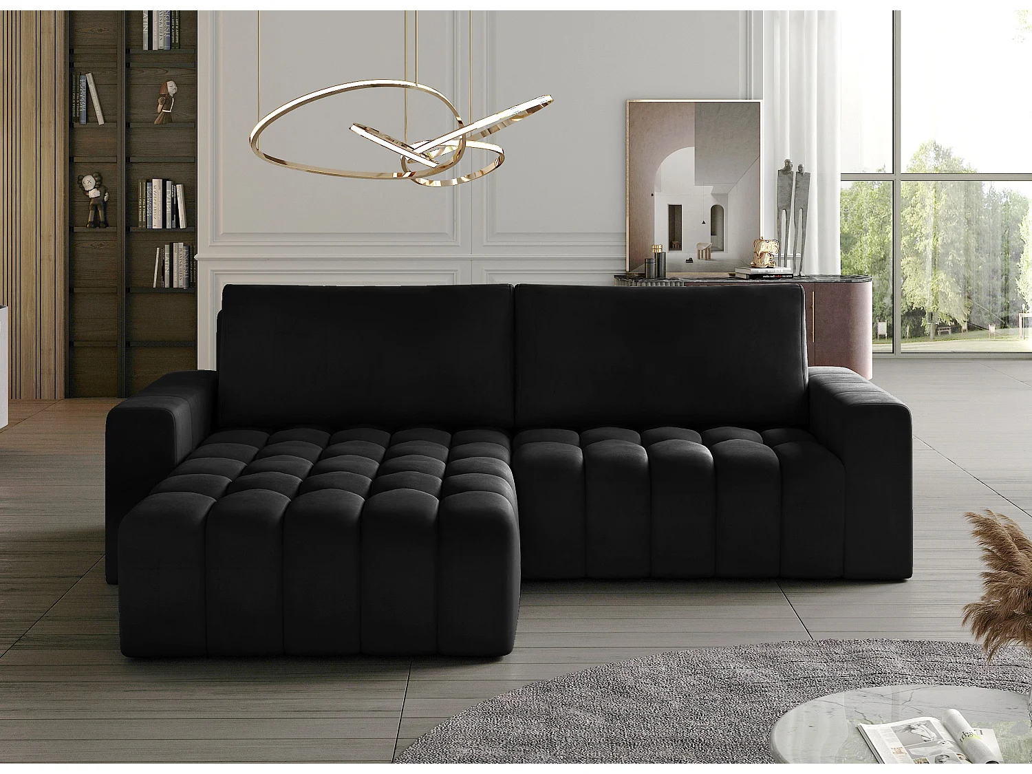 Canapé convertible design velours matelassé noir angle gauche Bozen 250cm