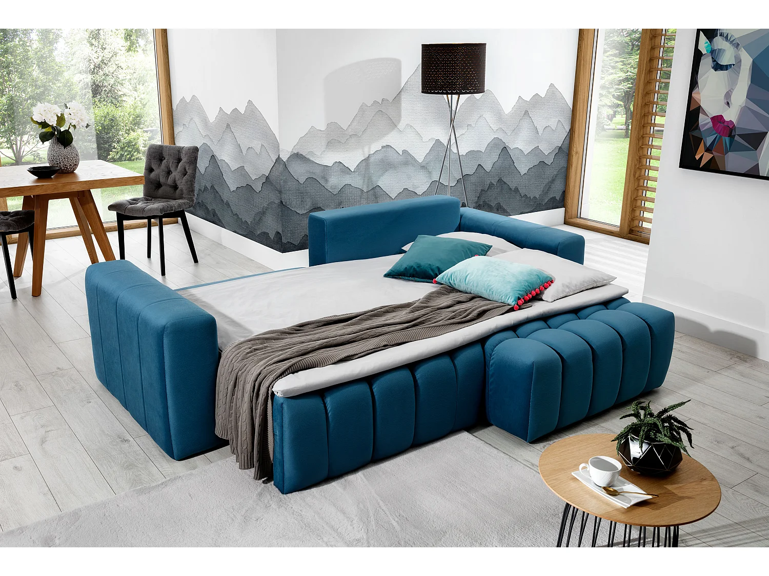 Canapé convertible design velours matelassé noir angle gauche Bozen 250cm