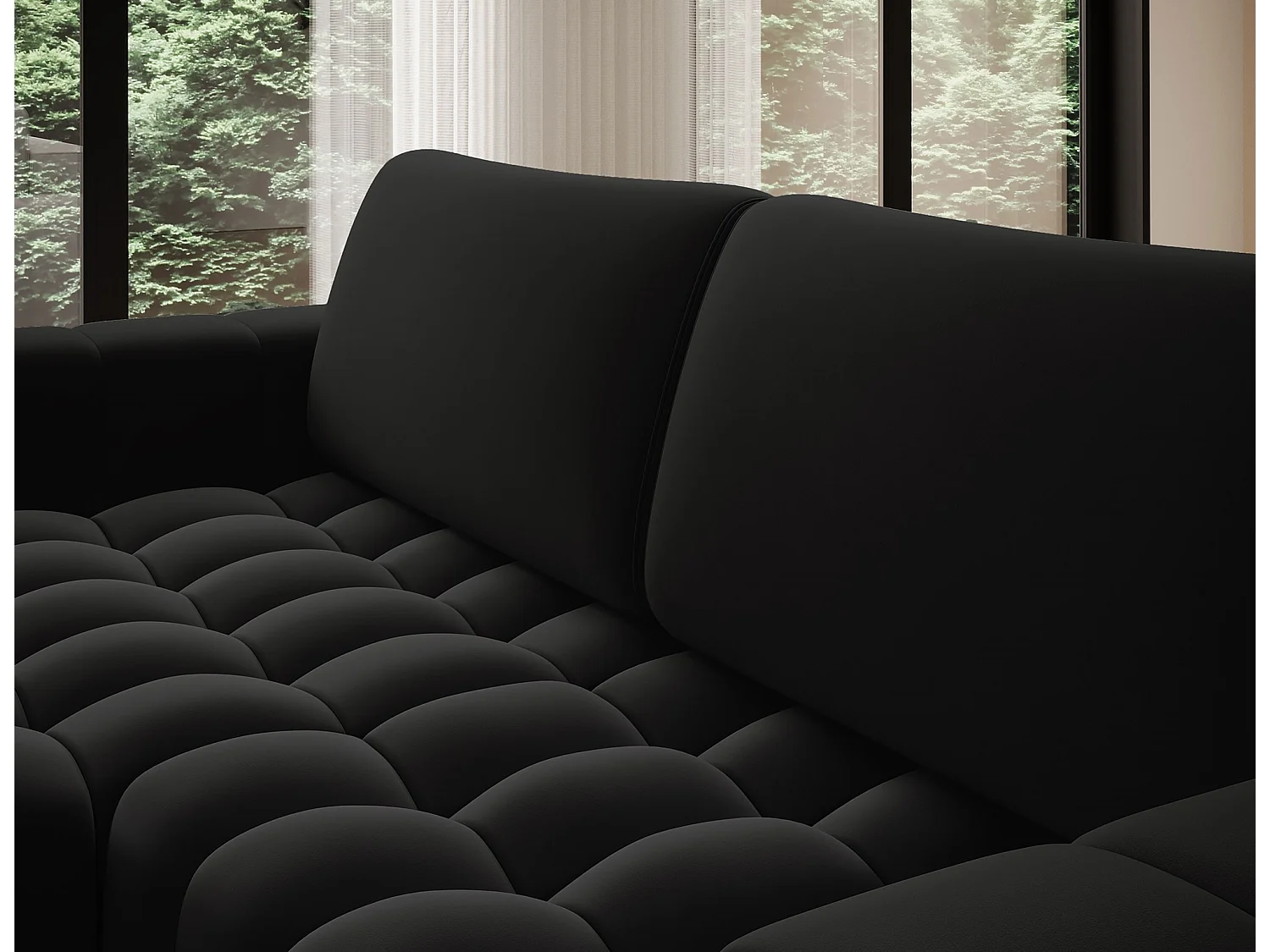 Canapé d’angle velours capitonné BOZEN – Convertible et rangement-Noir-angle gauche