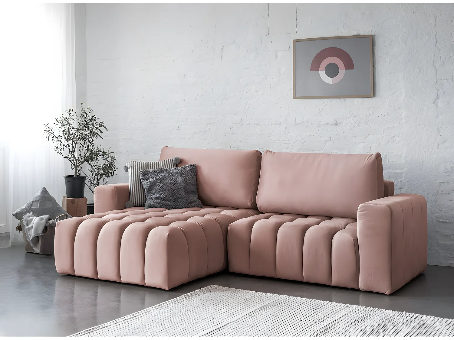 Canapé convertible design velours matelassé rose cuivré angle gauche Bozen 250cm