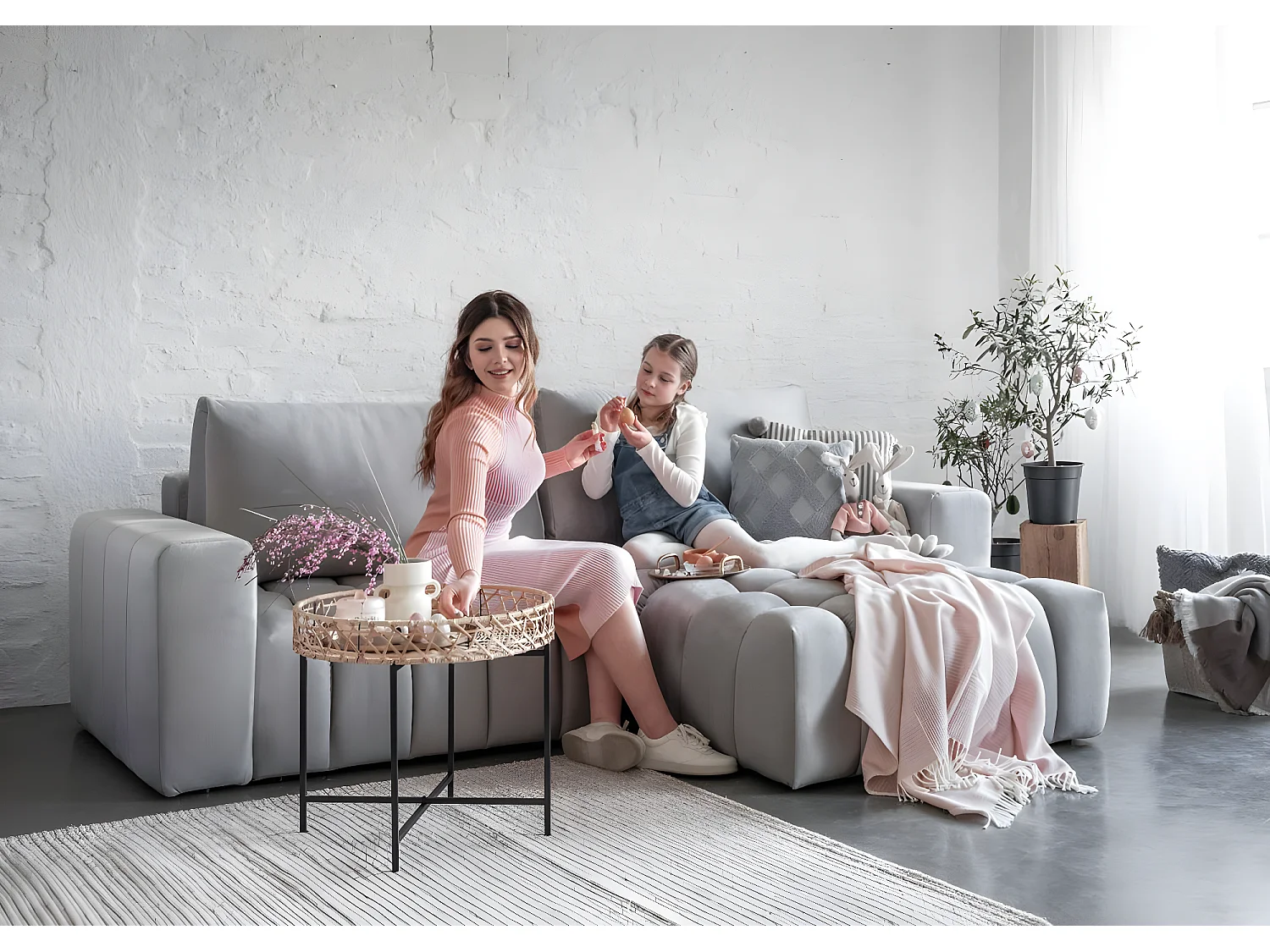 Canapé convertible design velours matelassé rose cuivré angle gauche Bozen 250cm