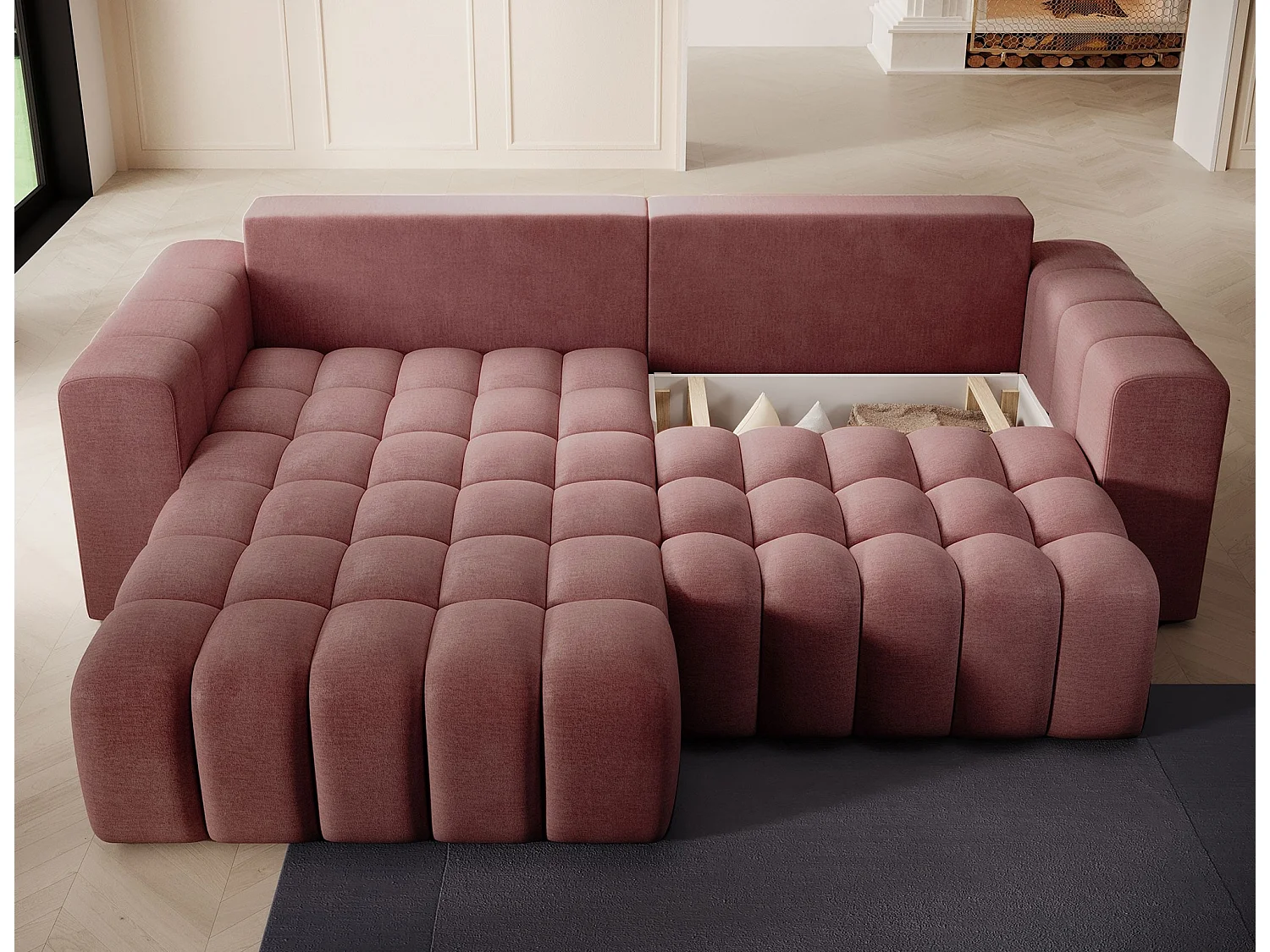 Bozen gecapitonneerde fluwelen hoekbank – Converteerbaar en opbergruimte-Kleur Terracotta-linkerhoek