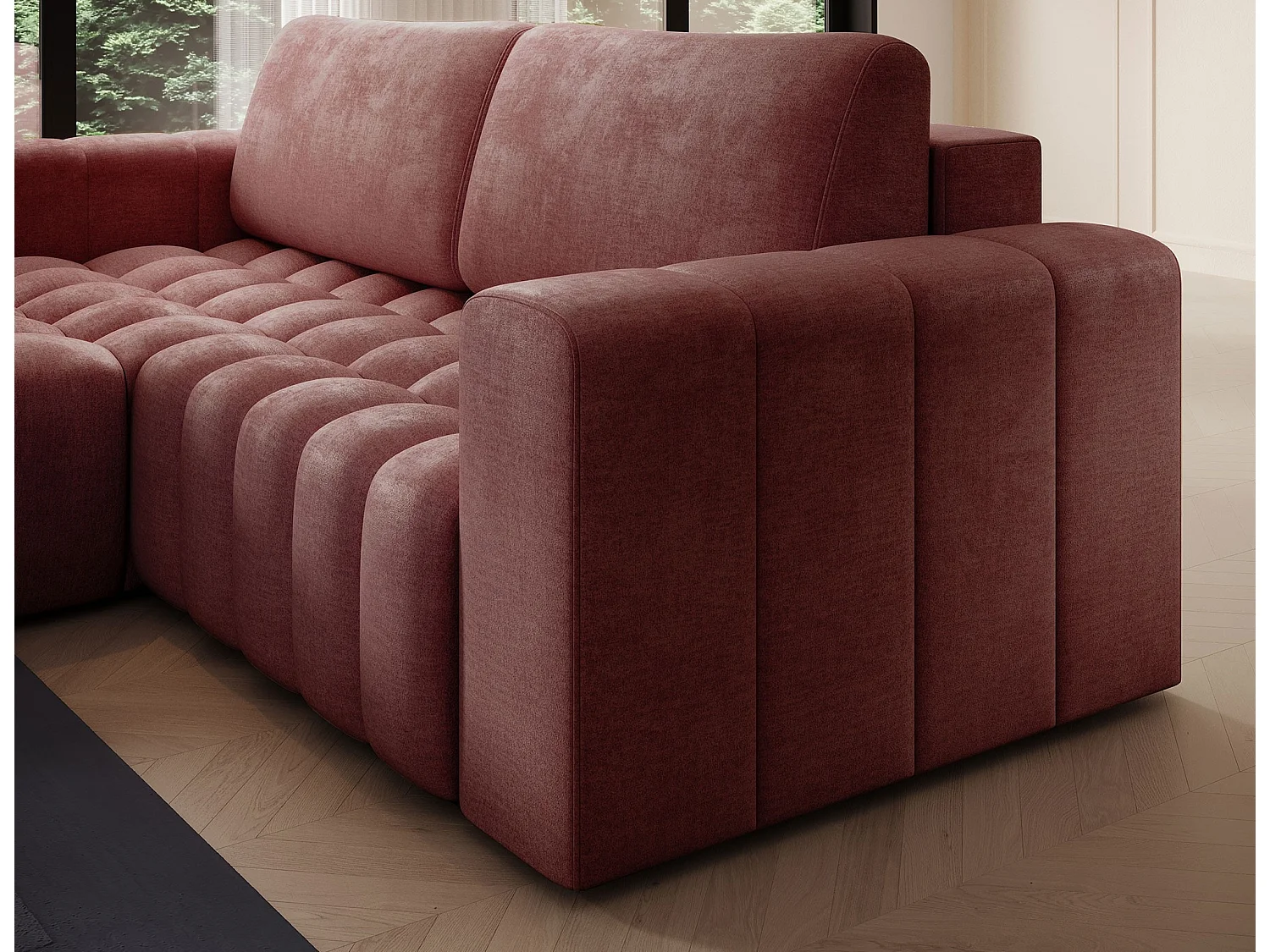 Bozen gecapitonneerde fluwelen hoekbank – Converteerbaar en opbergruimte-Kleur Terracotta-linkerhoek