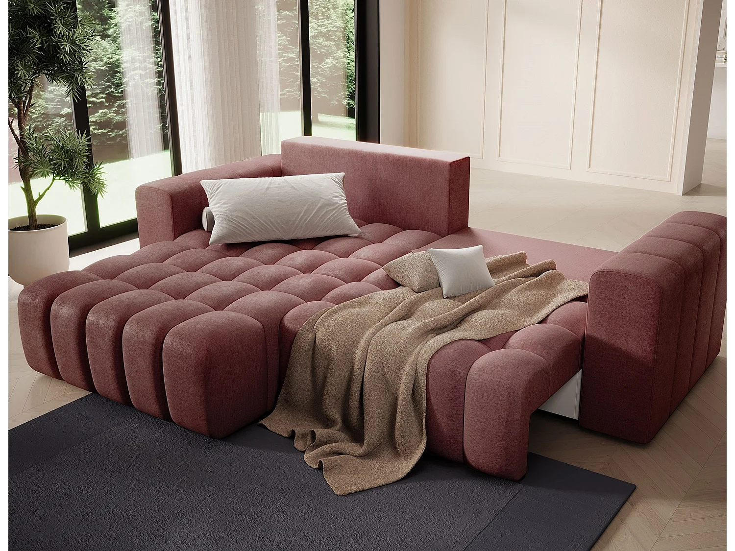 Bozen gecapitonneerde fluwelen hoekbank – Converteerbaar en opbergruimte-Kleur Terracotta-linkerhoek
