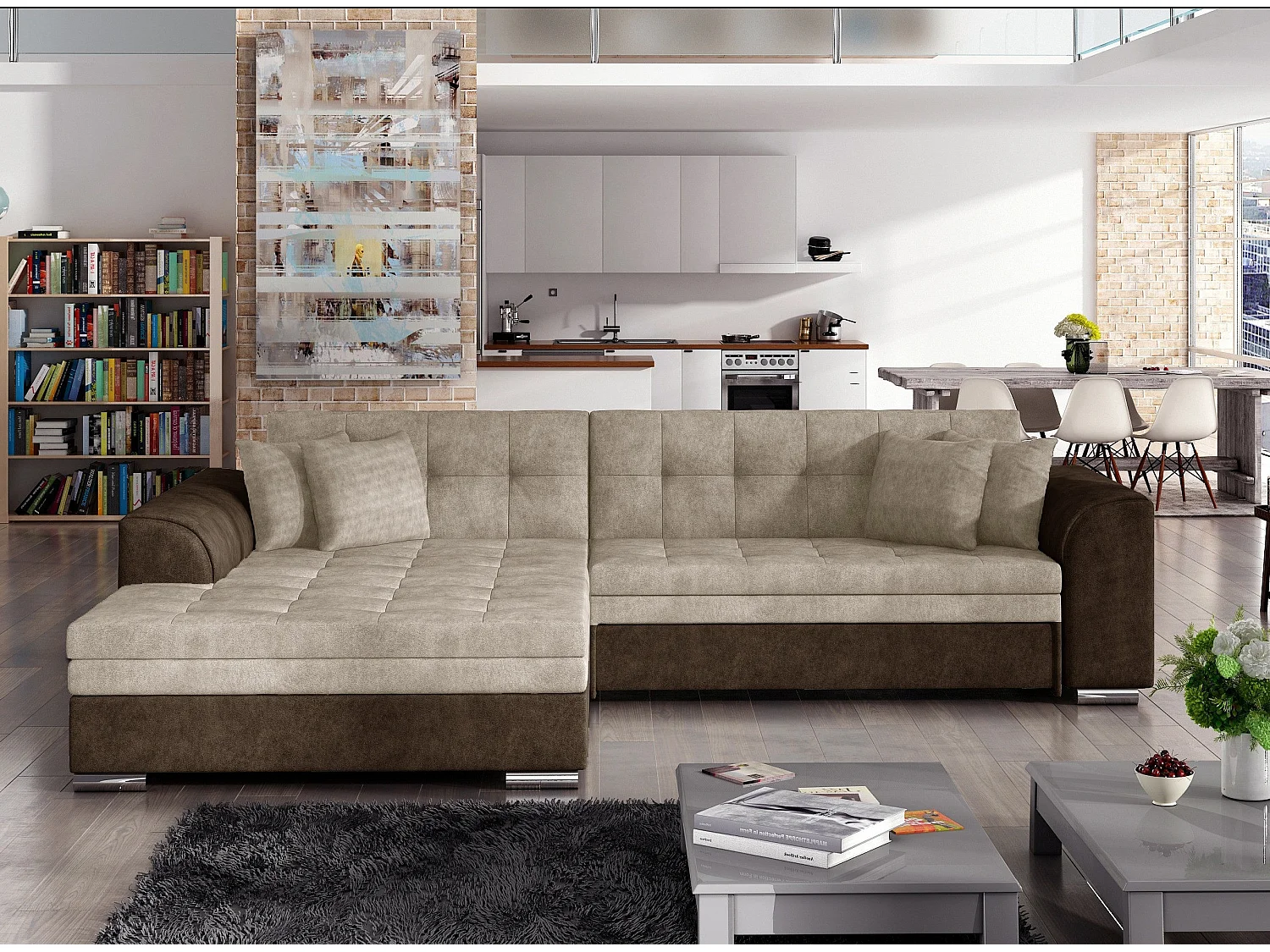 Canapé d'angle gauche convertible 4 places tissu marron et beige Looka 295cm