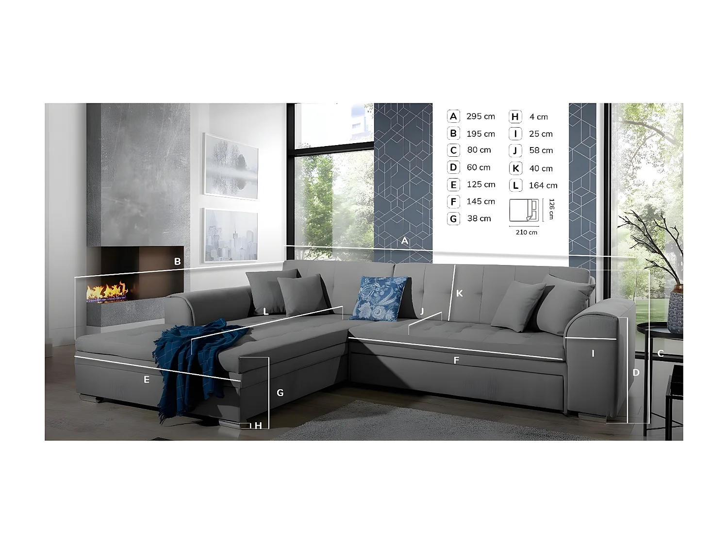 Canapé d'angle gauche convertible 4 places tissu marron et beige Looka 295cm