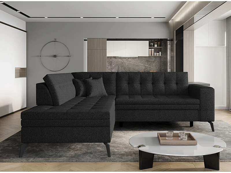 Canapé convertible capitonné angle gauche tissu noir Larry 260cm