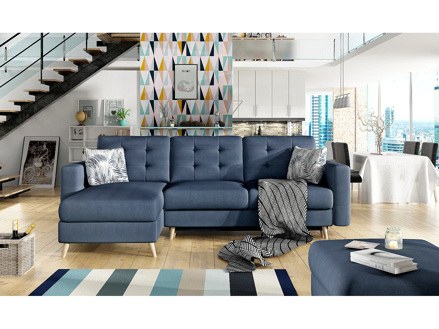 Omkeerbare en converteerbare hoekbank in zachte turquoise blauwe stof Anska 250 cm