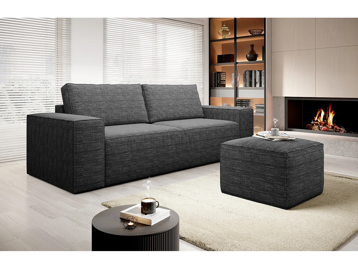 Canapé convertible 4 places tissu gris foncé chiné Willace 260cm