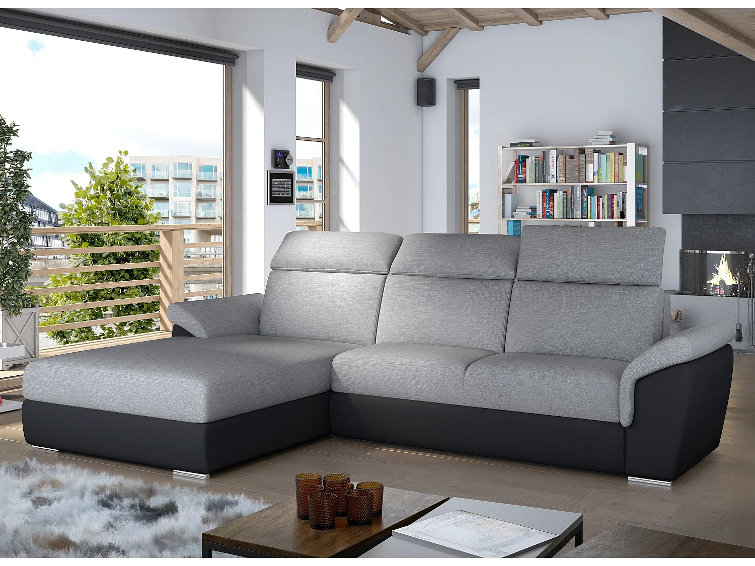 Canapé convertible d'angle gauche simili noir et tissu gris clair Suzy 272cm