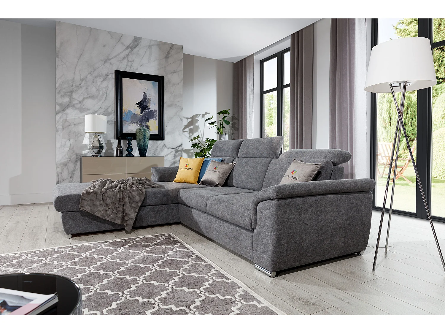 Canapé convertible d'angle gauche simili noir et tissu gris clair Suzy 272cm