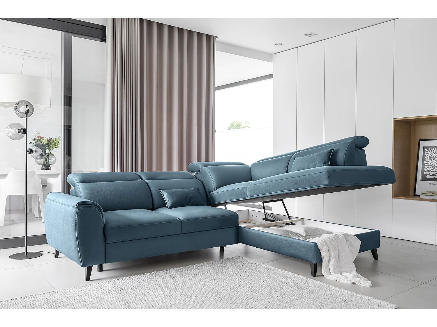 Canapé d'angle droit convertible tissu bleu canard Noblesse 255cm