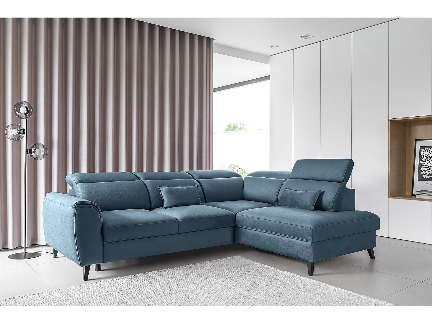 Canapé d'angle droit convertible tissu bleu canard Noblesse 255cm