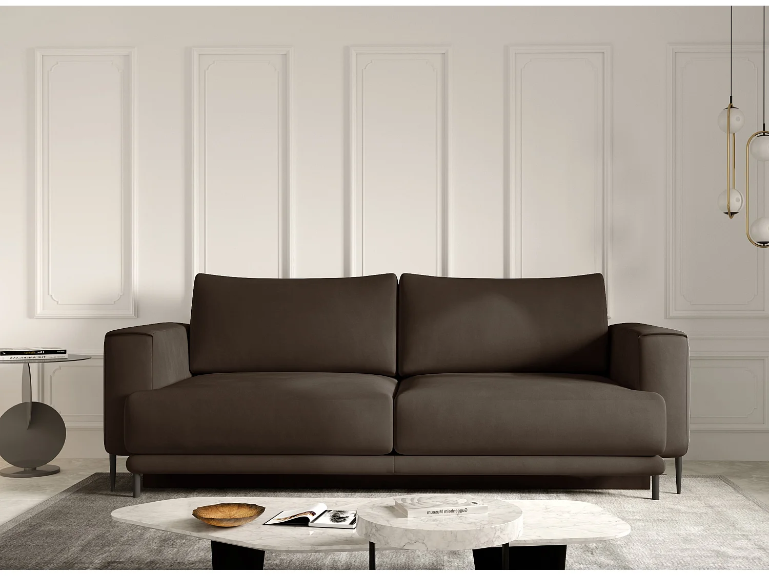 Canapé droit convertible 3 places velours DAVINA 246cm - Coffre & pieds métal noir-Marron foncé