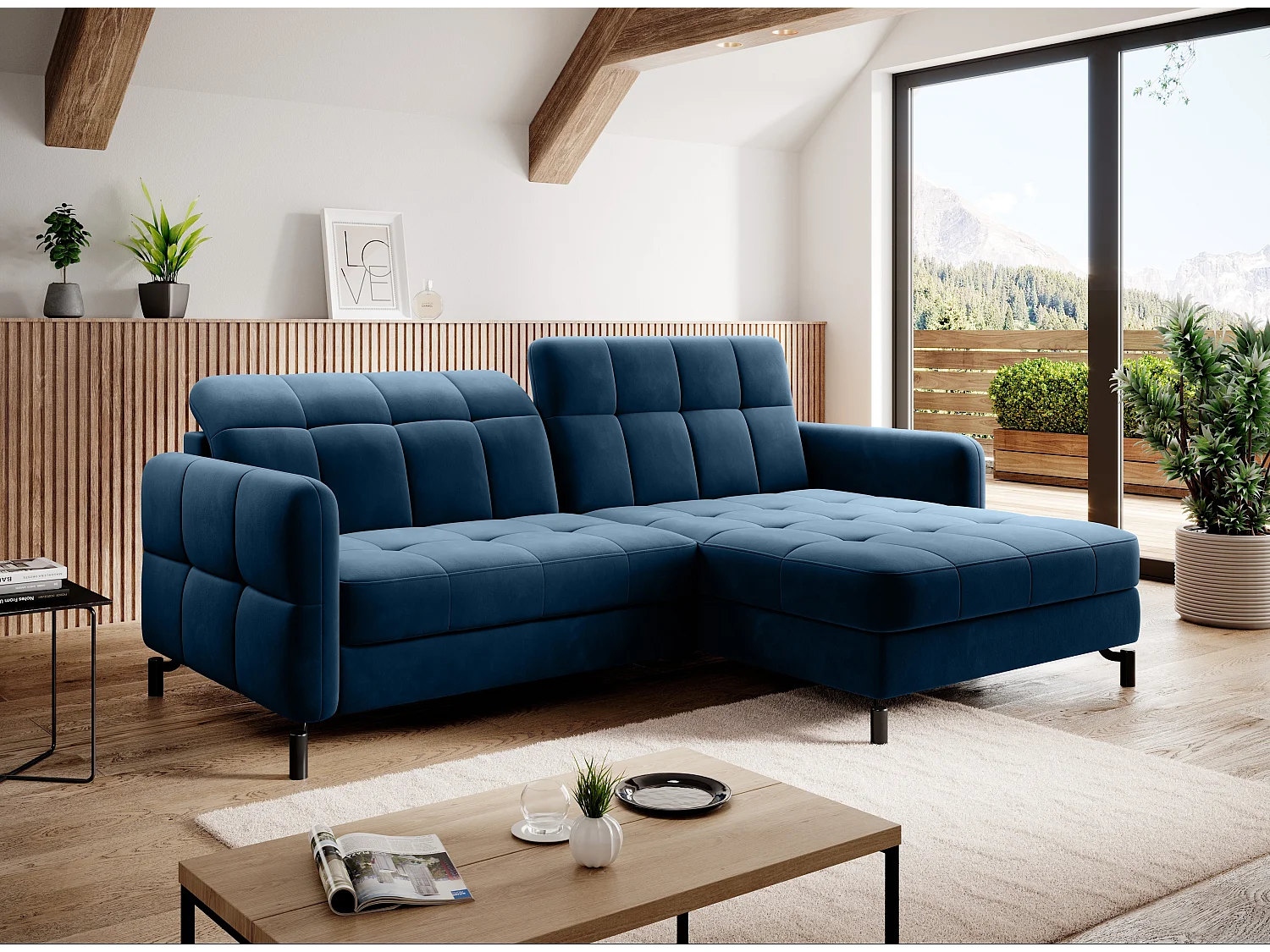 Canapé convertible angle droit avec têtières réglables velours matelassé bleu Lory 225cm