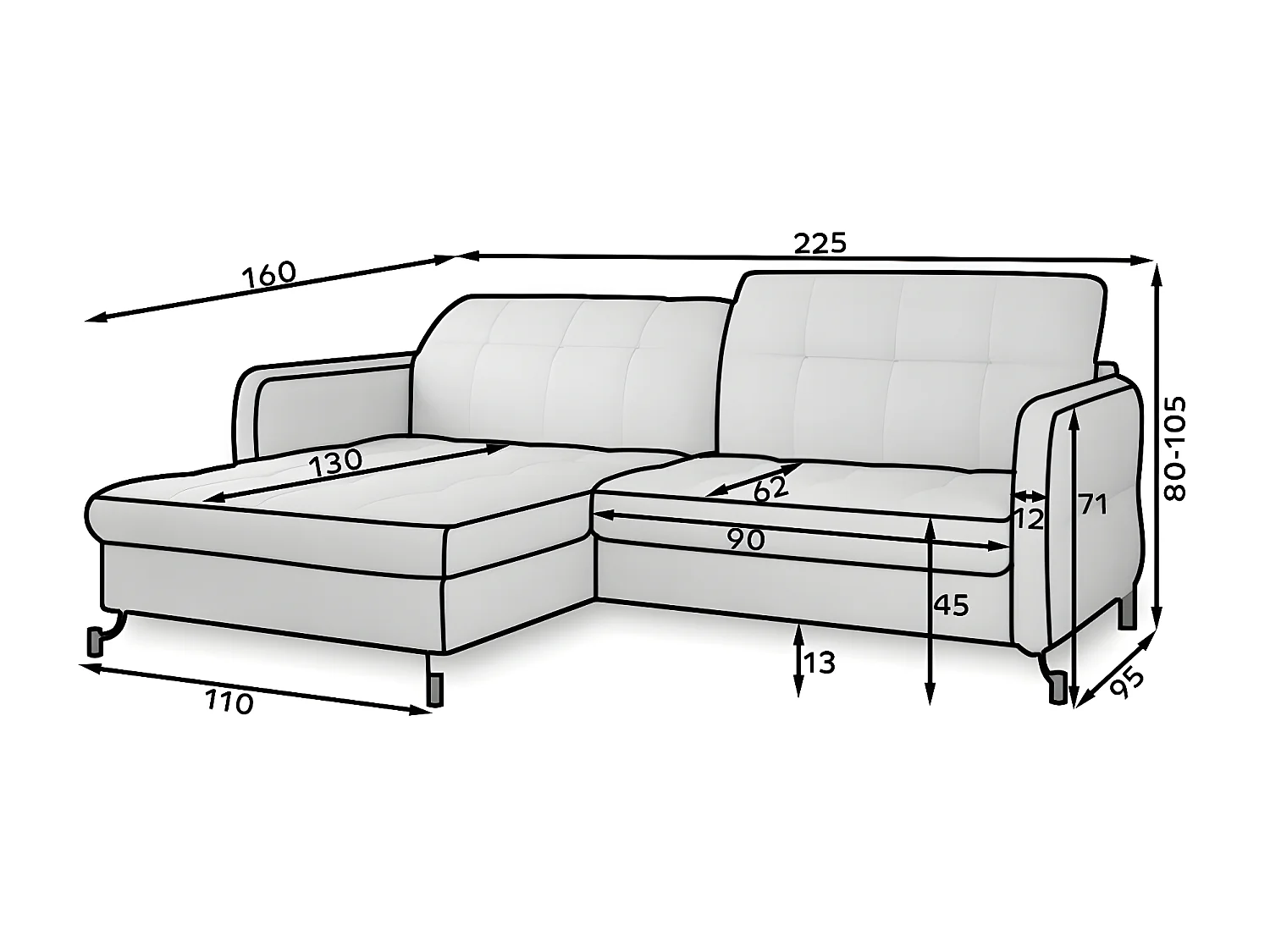 Canapé convertible angle droit avec têtières réglables velours matelassé bleu Lory 225cm