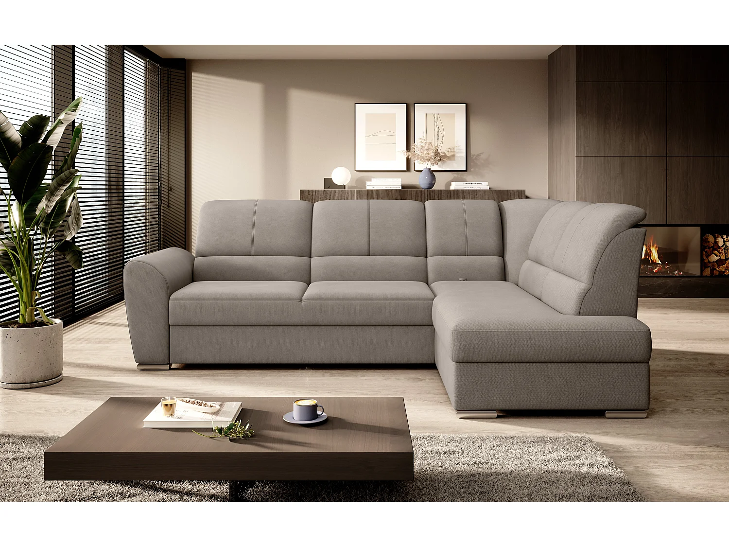 Canapé angle droit convertible tissu beige et pieds acier chromé Zabor 270cm