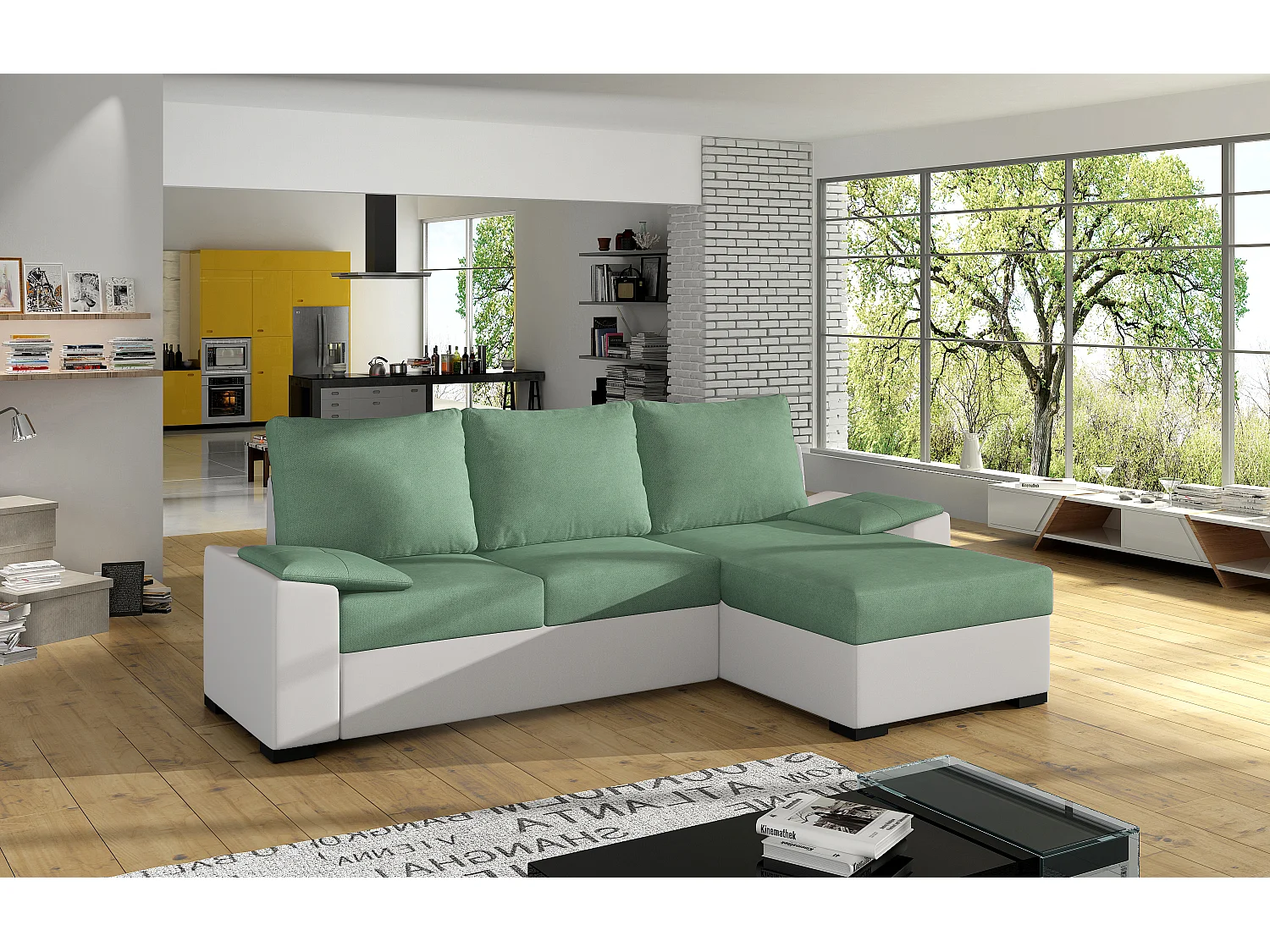 Canapé angle convertible et réversible simili blanc et tissu vert clair Luzo 245cm