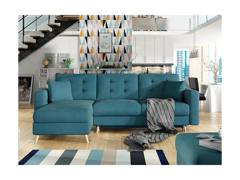 Canapé d'angle réversible et convertible velours bleu canard Anska 235cm