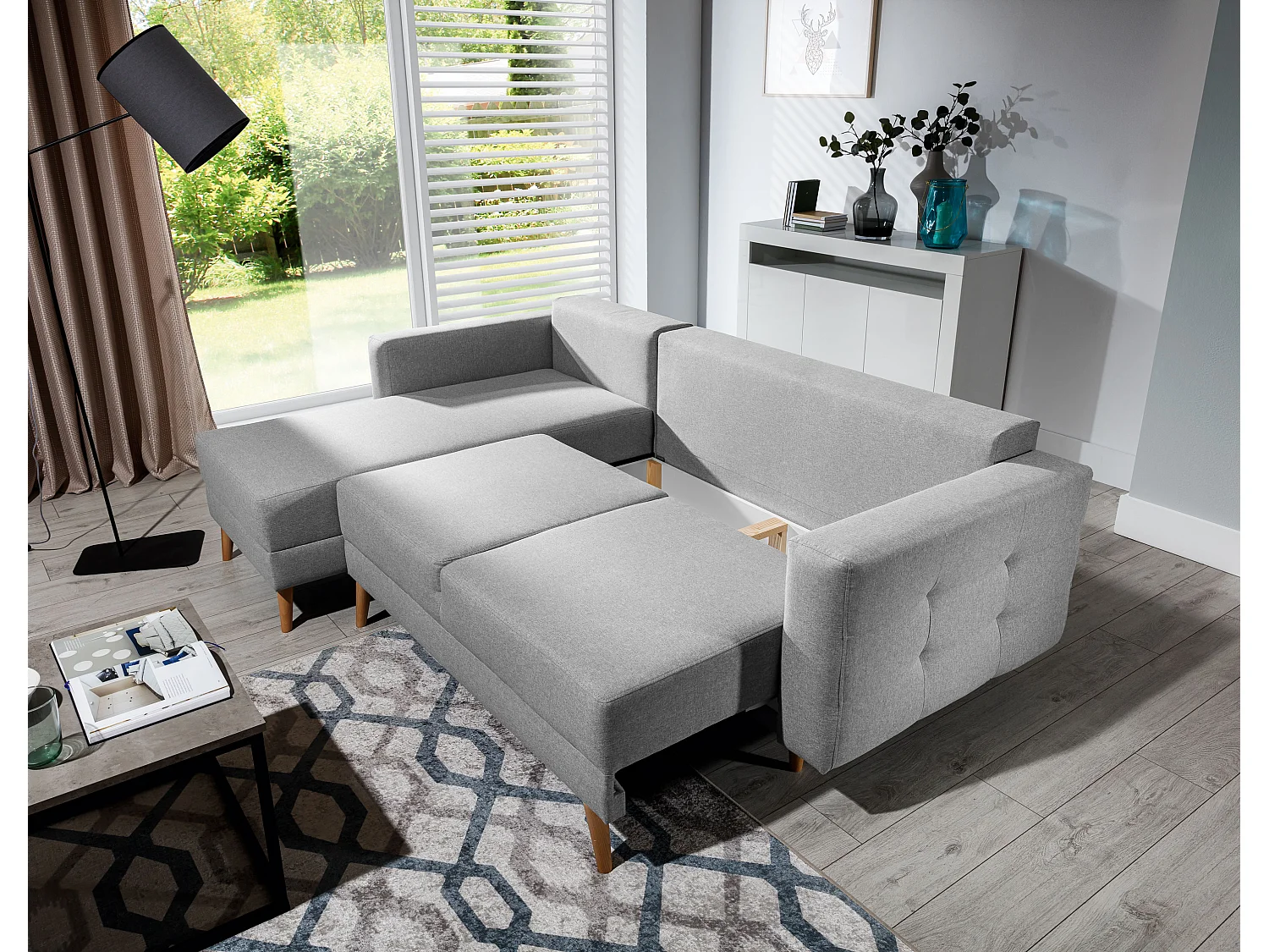 Canapé d'angle réversible et convertible velours bleu canard Anska 235cm