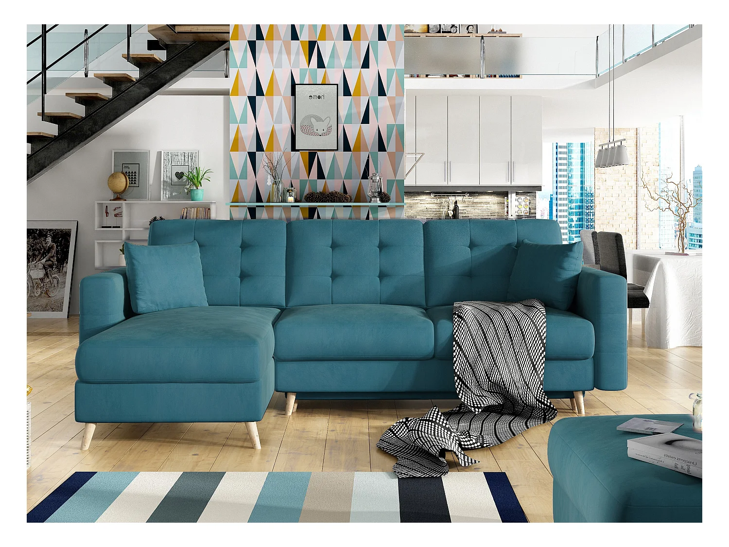 Canapé d'angle réversible et convertible velours bleu canard Anska 235cm