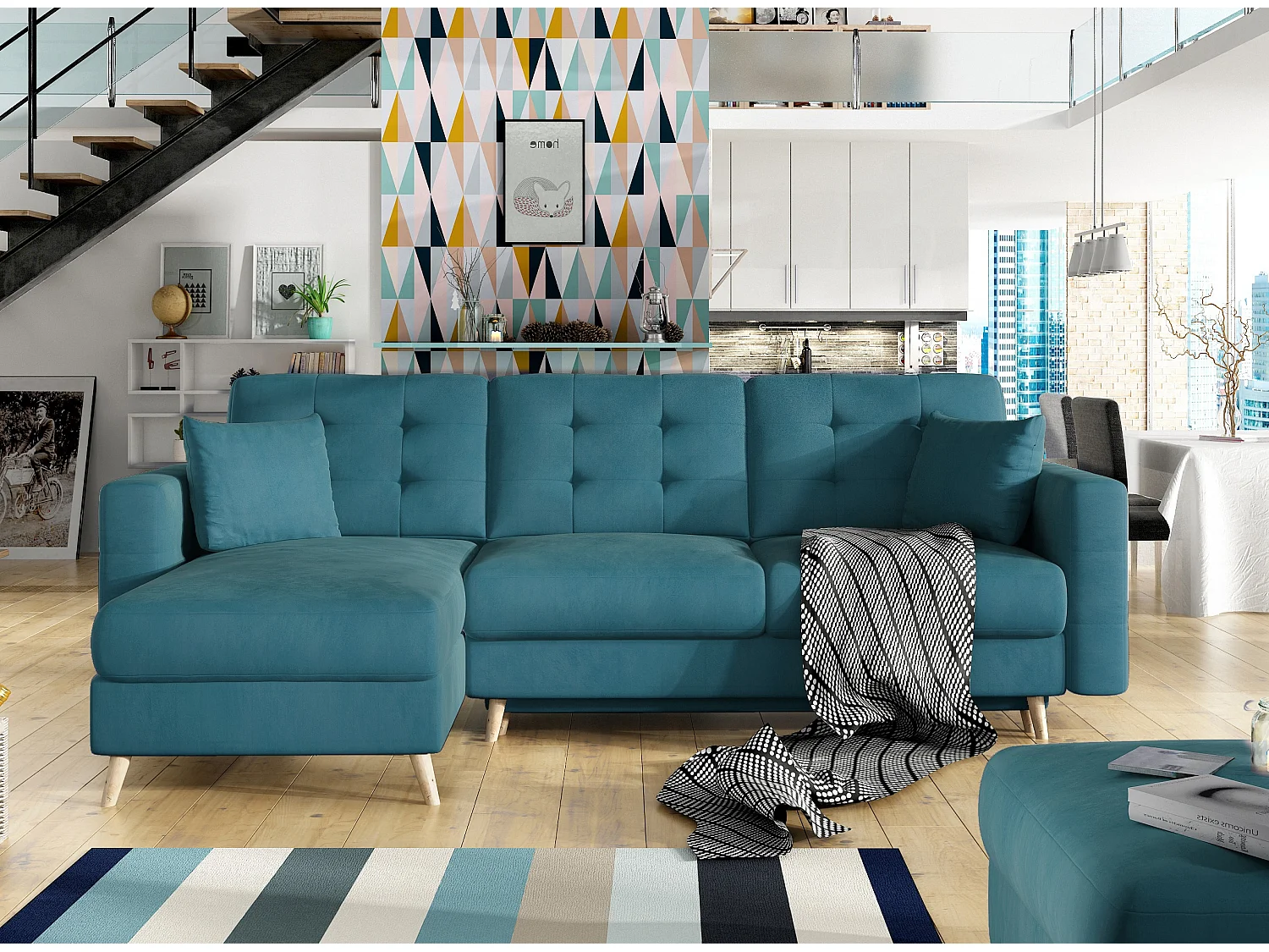 Canapé d'angle réversible et convertible velours bleu canard Anska 235cm