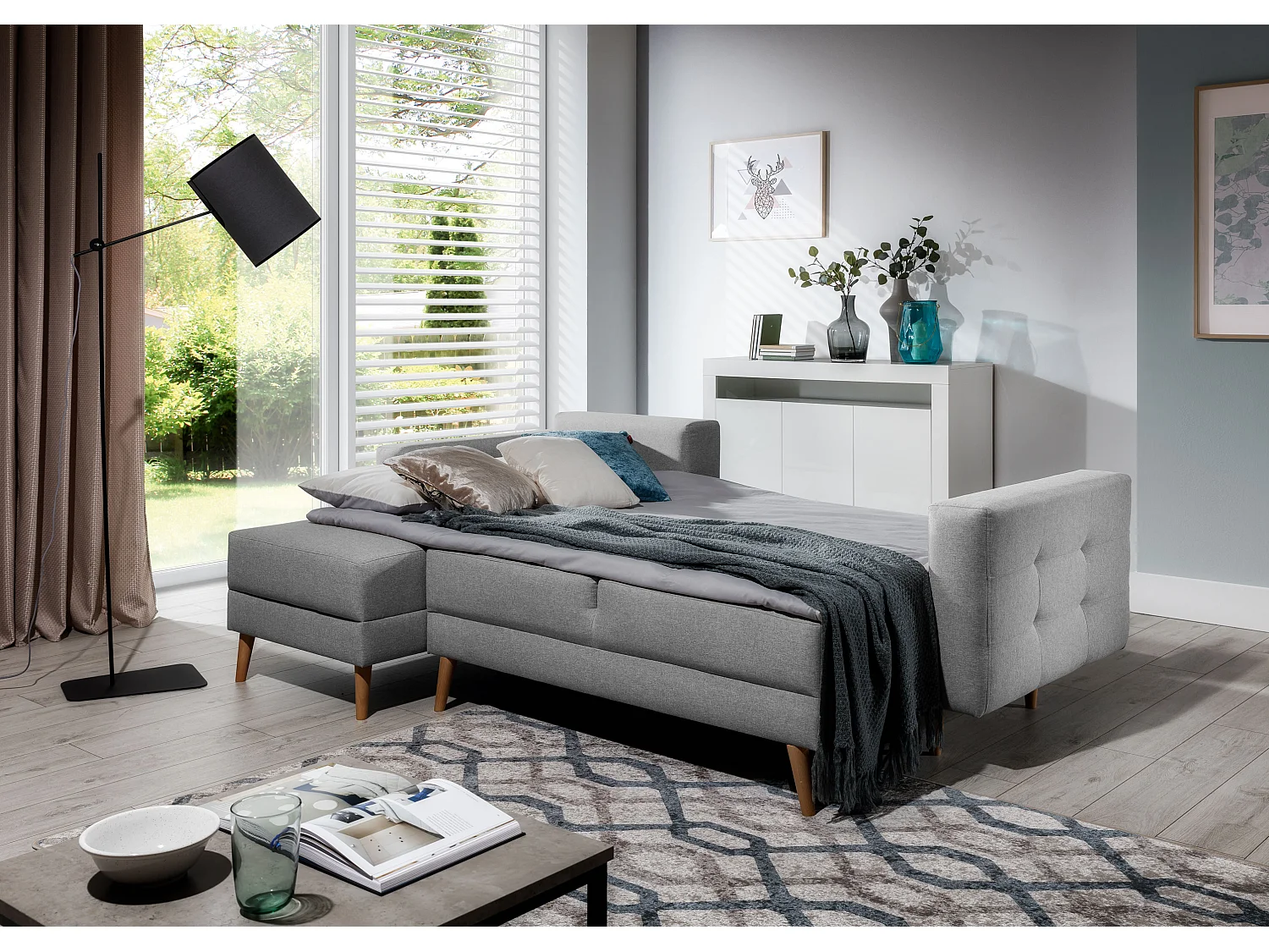 Canapé d'angle réversible et convertible velours bleu canard Anska 235cm