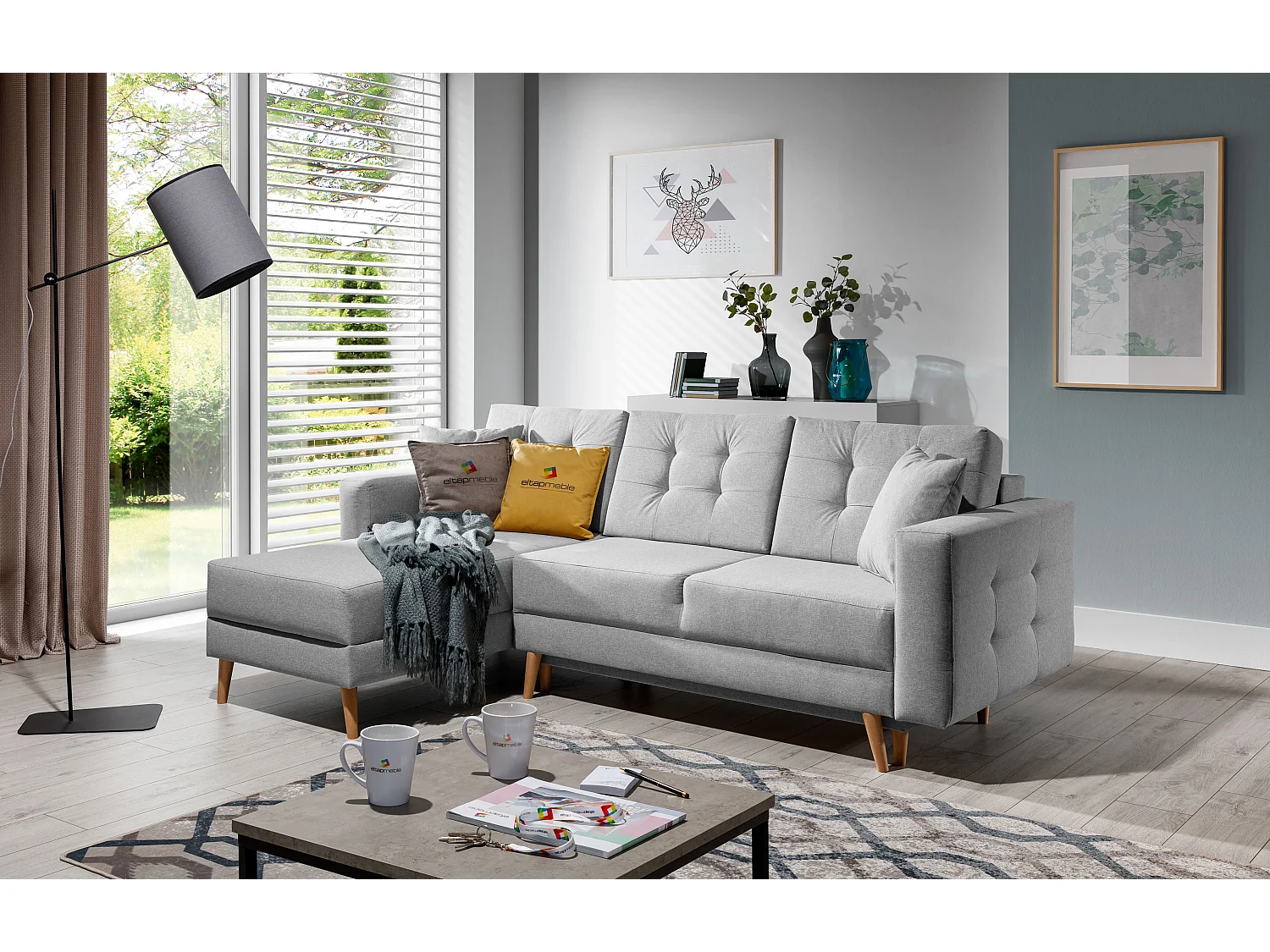 Canapé d'angle réversible et convertible velours bleu canard Anska 235cm