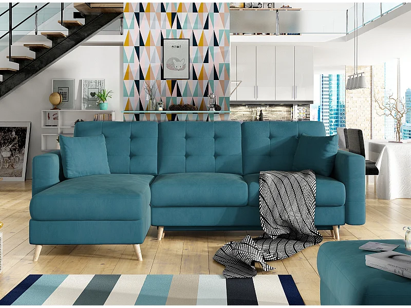 Anska eend blauw fluweel omkeerbare en converteerbare hoekbank 235 cm