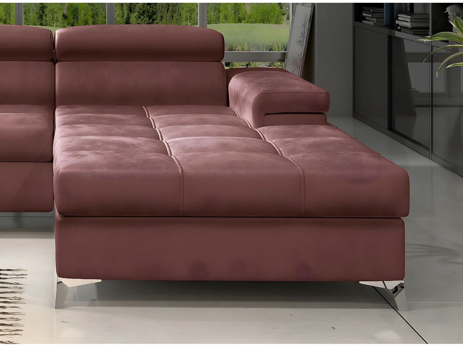 Fluwelen converteerbare hoekbank met verstelbare hoofdsteunen Rikaro 280 cm-Kleur Oud roze-juiste hoek