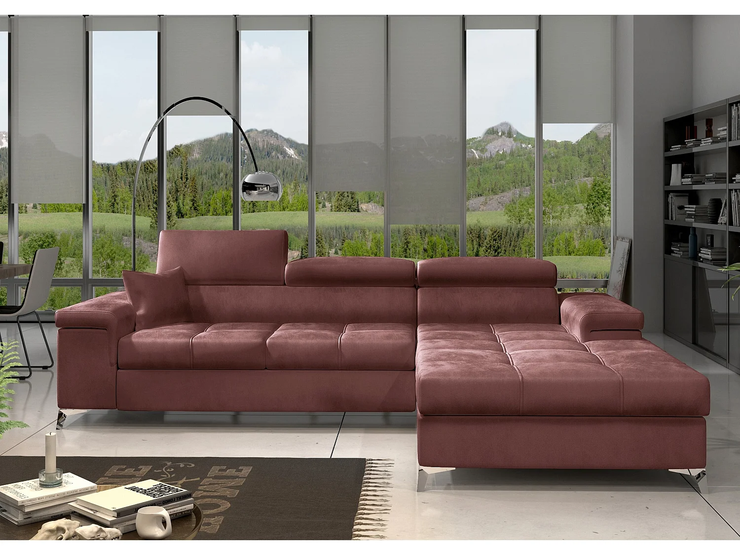 Canapé d'angle convertible velours appuis-tête réglables RIKARO - Coffre et pieds acier chromé-Vieux rose-angle droit