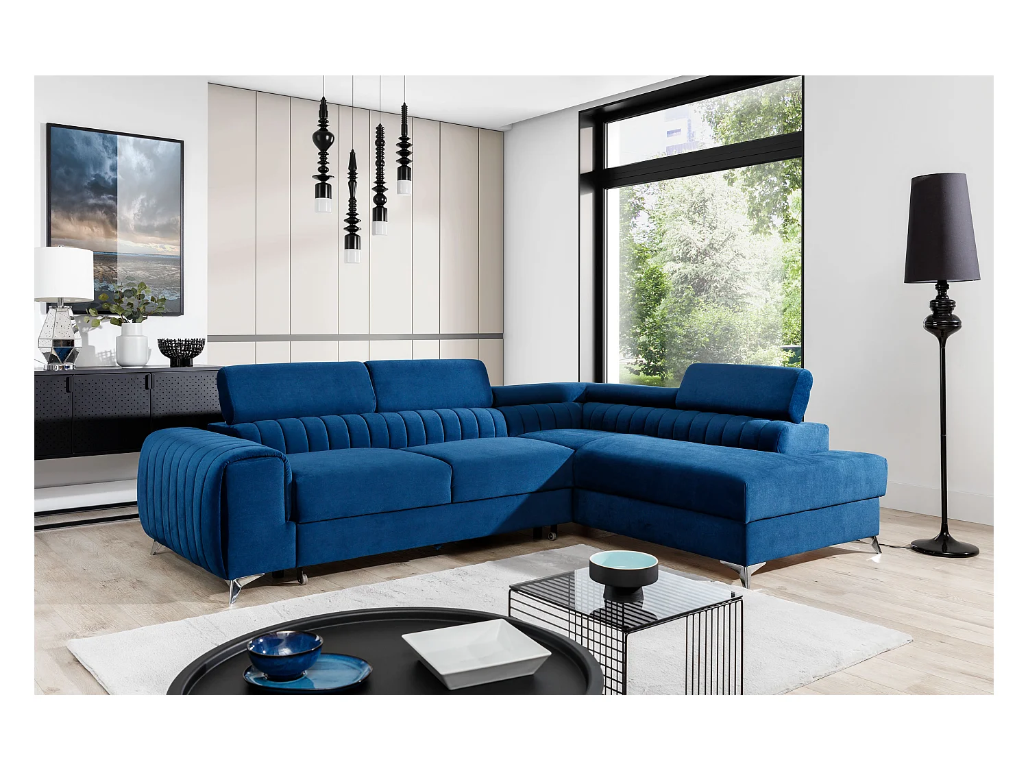 Canapé angle droit convertible avec appuis-tête réglables velours doux gris clair Lozan 275cm