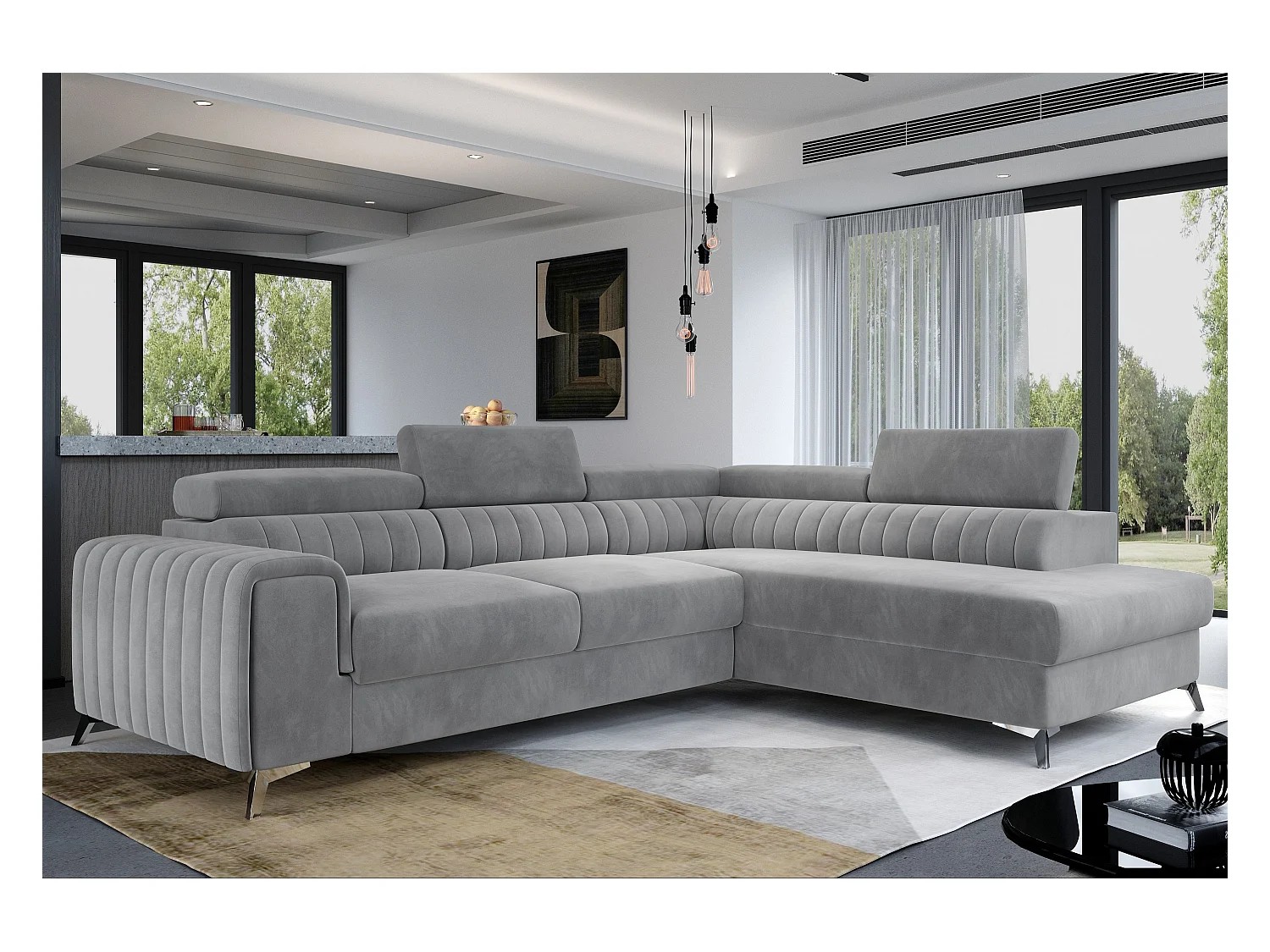 Canapé angle droit convertible avec appuis-tête réglables velours doux gris clair Lozan 275cm