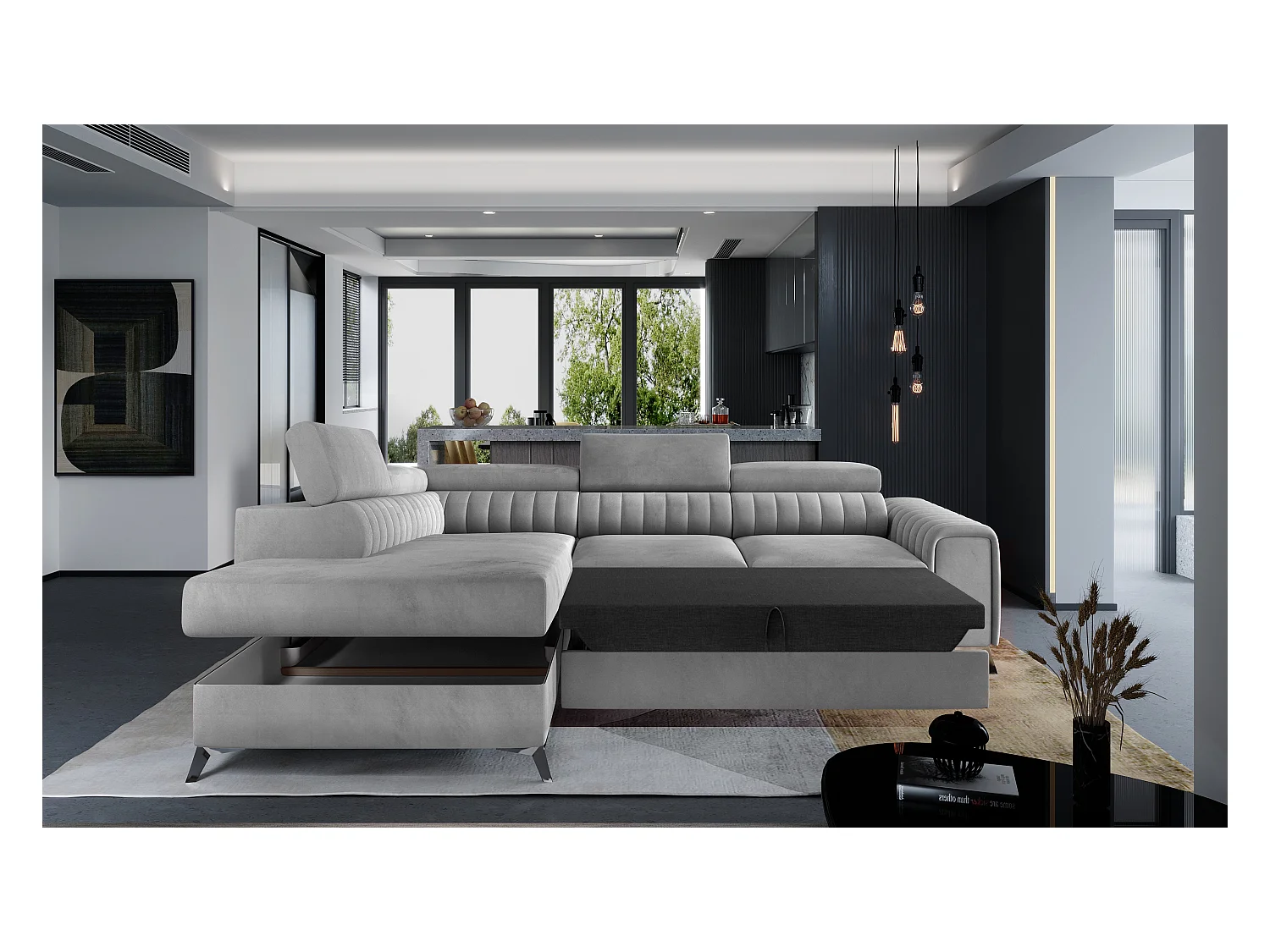 Canapé angle droit convertible avec appuis-tête réglables velours doux gris clair Lozan 275cm