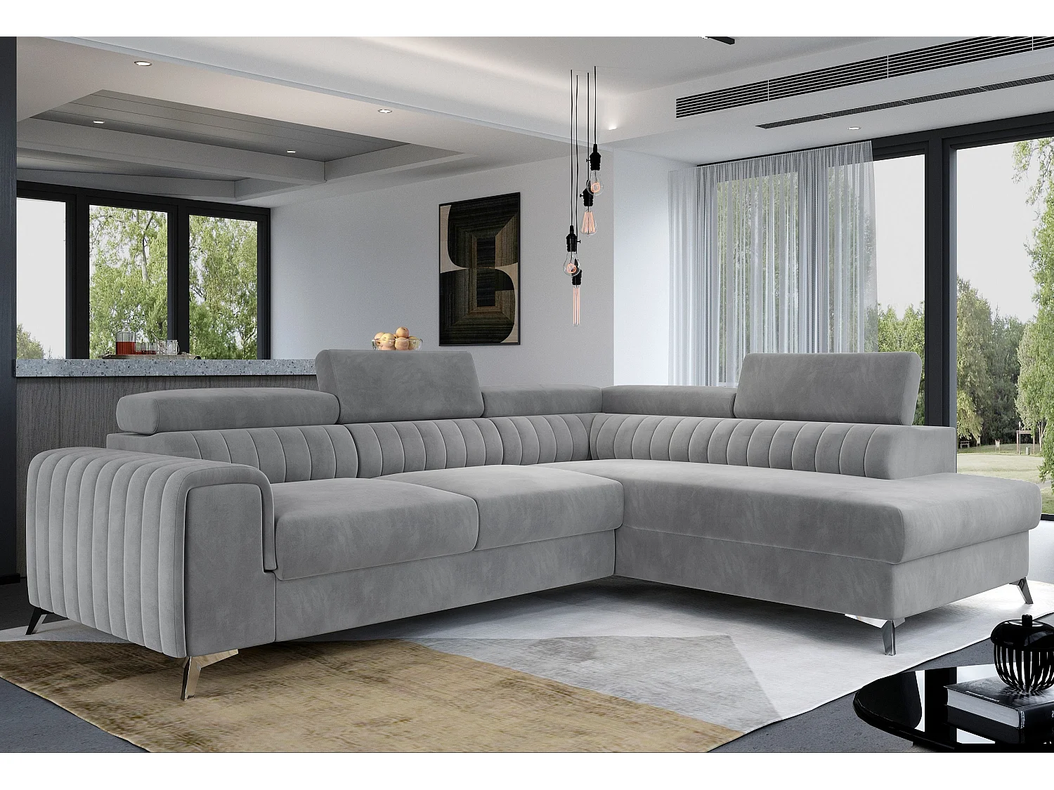 Canapé angle droit convertible avec appuis-tête réglables velours doux gris clair Lozan 275cm