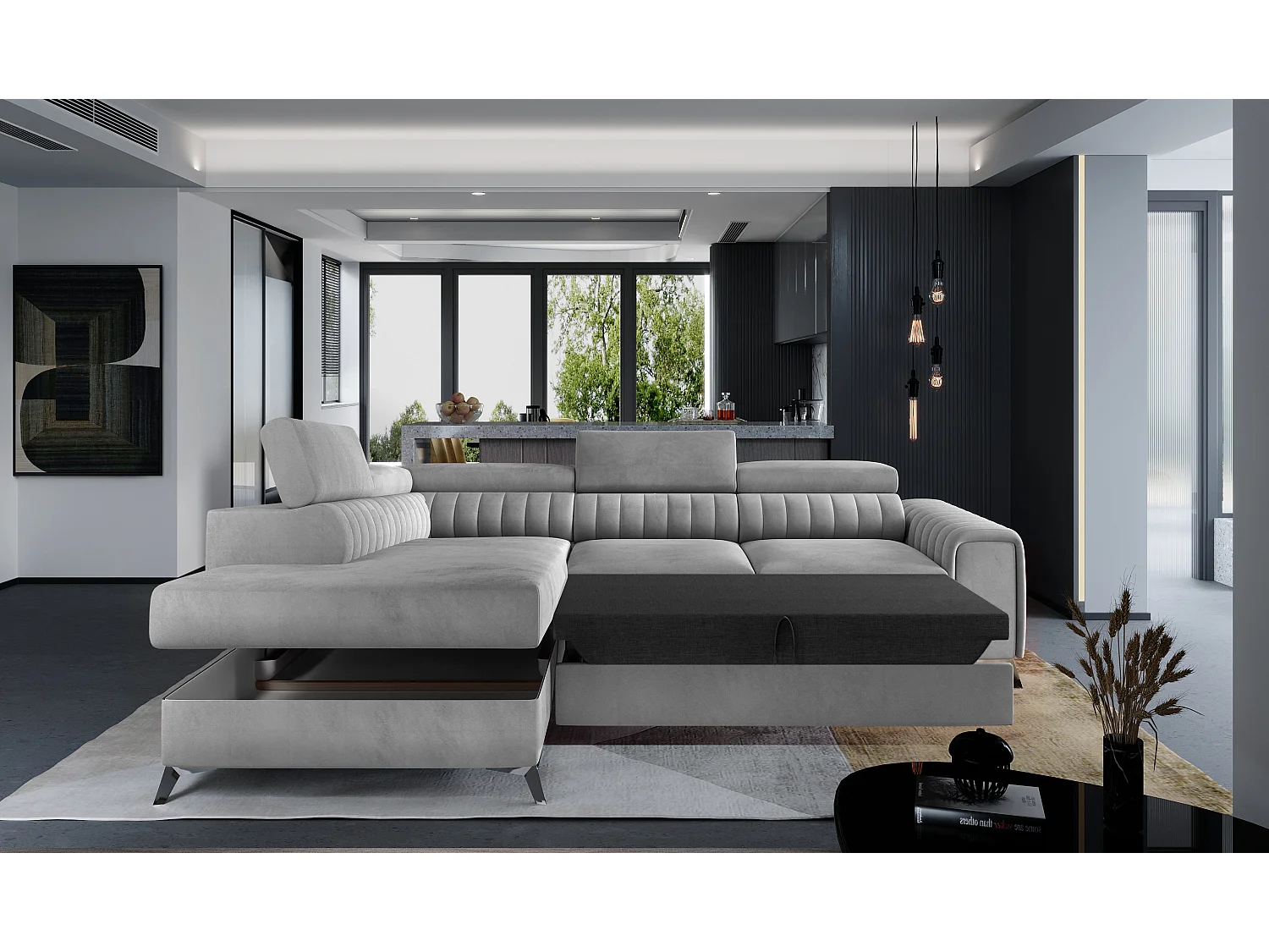 Canapé angle droit convertible avec appuis-tête réglables velours doux gris clair Lozan 275cm