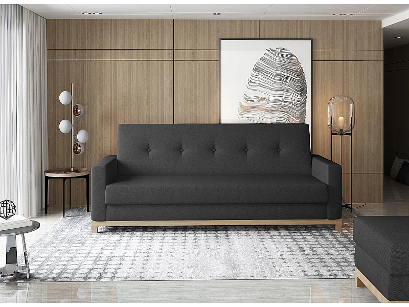 Canapé lit 3 places tissu noir et pieds en bois de hêtre Saline 216cm