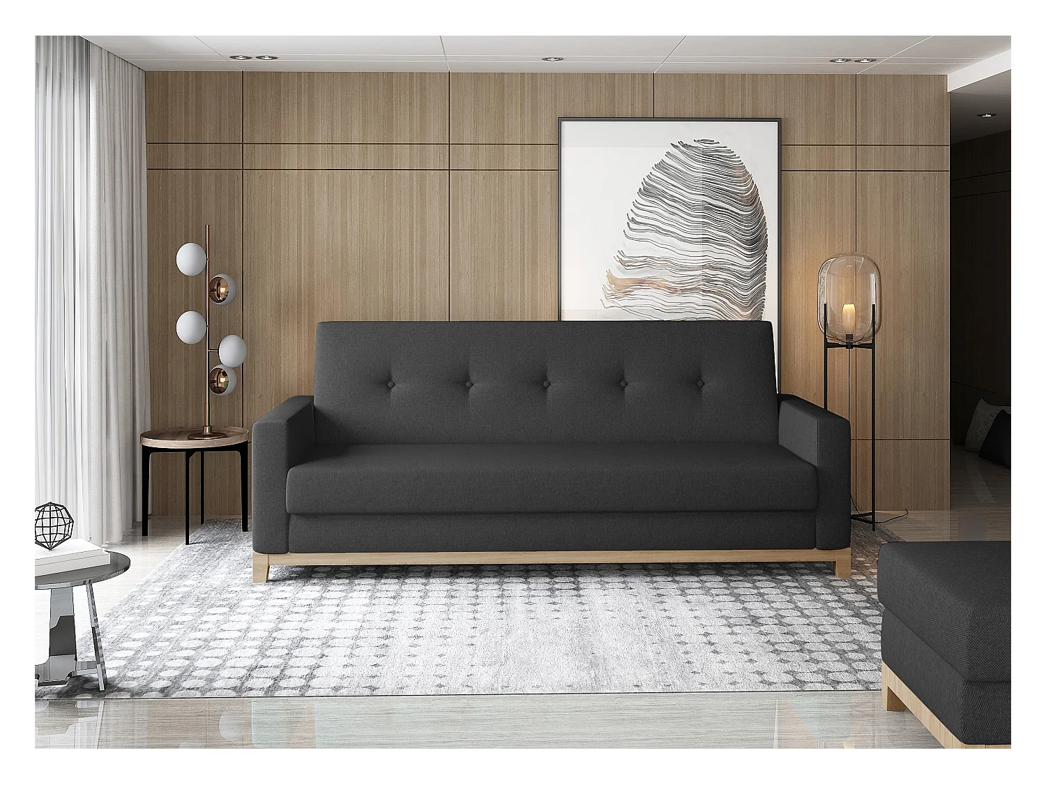 Canapé lit 3 places tissu noir et pieds en bois de hêtre Saline 216cm