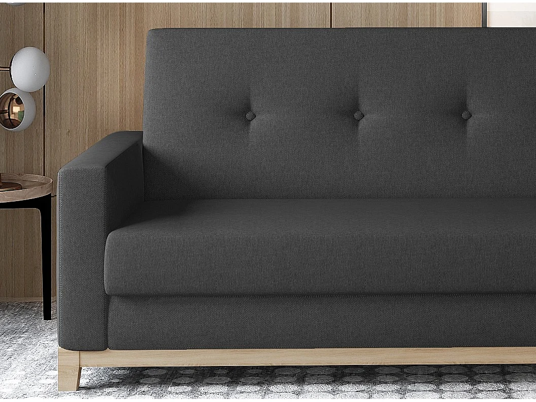 Canapé lit 3 places tissu noir et pieds en bois de hêtre Saline 216cm