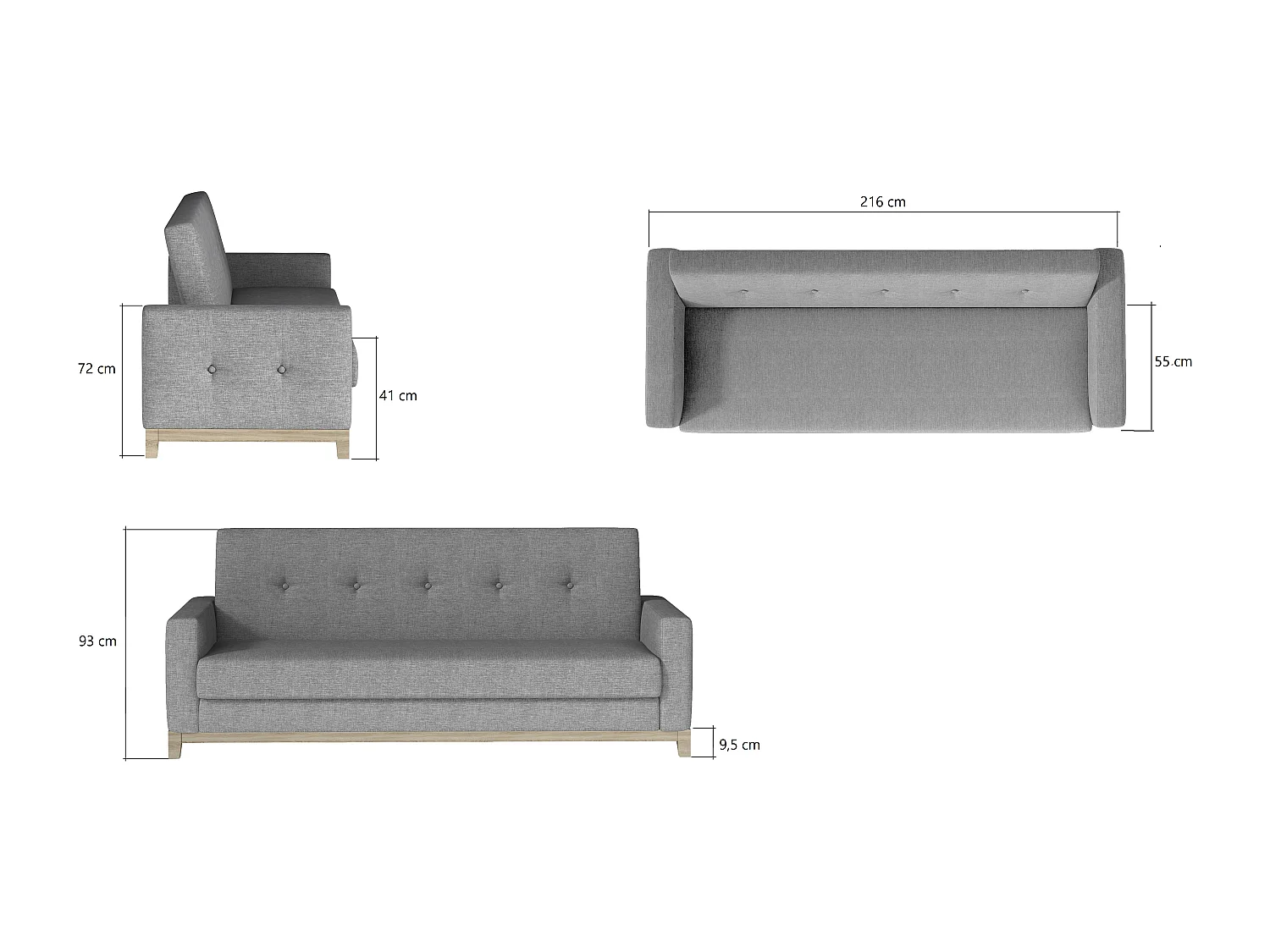 Canapé lit 3 places tissu noir et pieds en bois de hêtre Saline 216cm