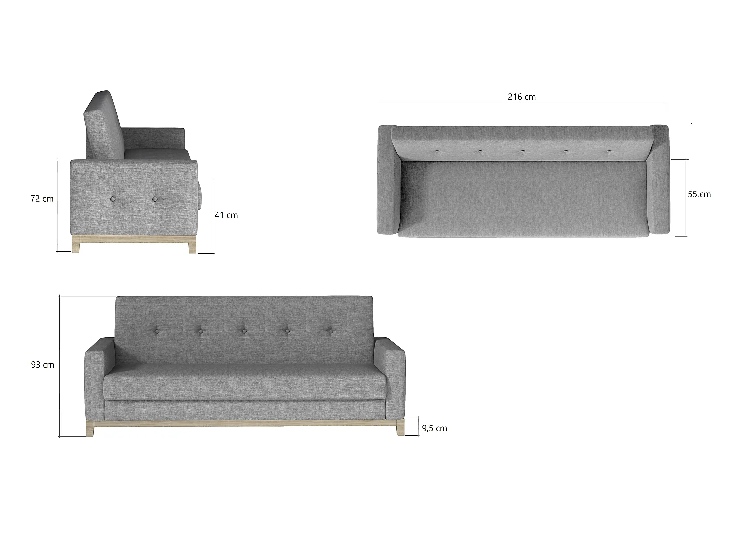 Canapé convertible express 3 places en tissu noir SALINE